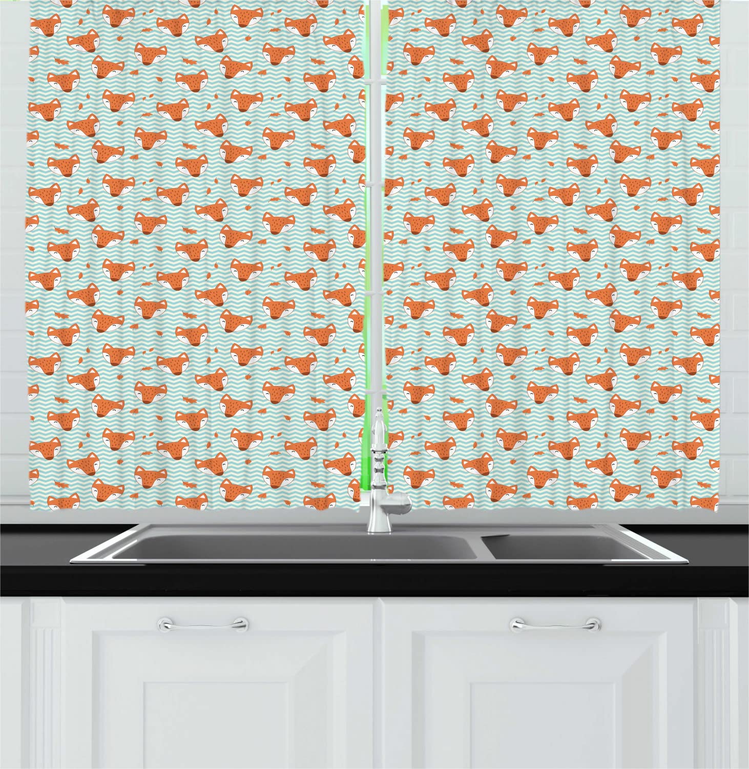 Ambesonne Funny Fox Faces Geometric Stripes Nursery Kitchen Curtains - 2 Panels with Rod Pocket, 55
