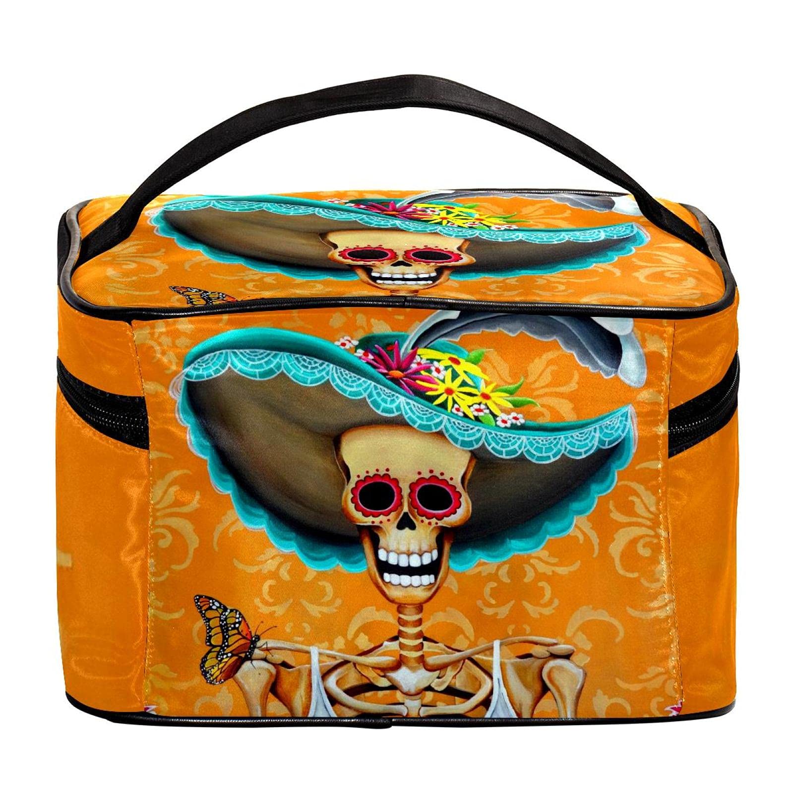 Mexican Sugar Skull Floral & Butterfly Print Large Travel Makeup Bag - Waterproof Cosmetic Organizer with Zipper for Women & Girls | Perfect for Vacation, Gym, Beach Trips & Daily Use