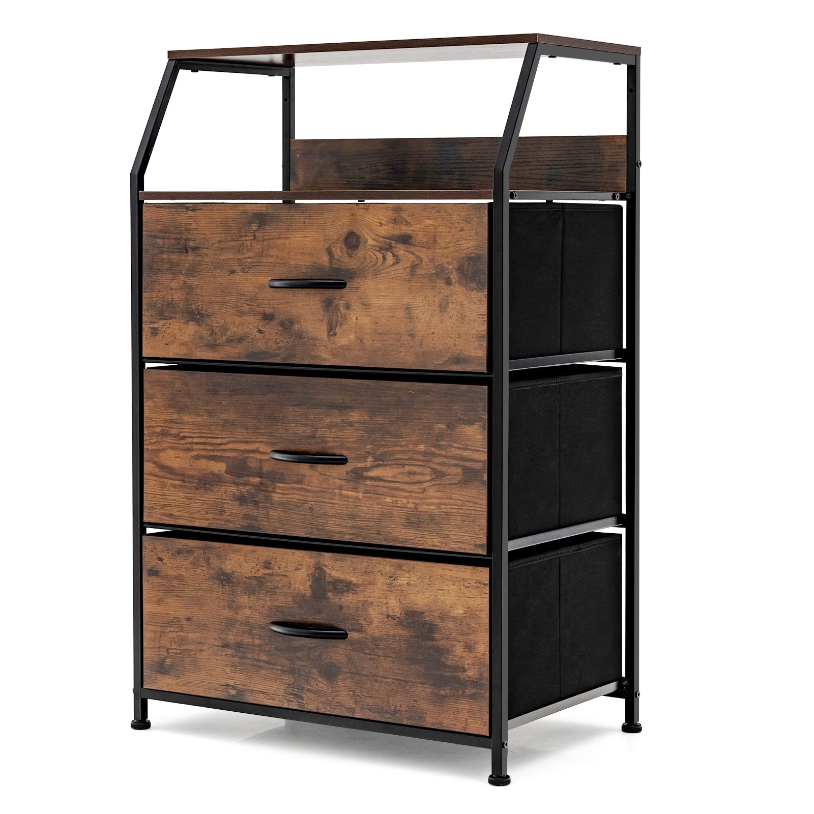 Giantex 3-Drawer Storage Tower with Foldable Fabric Drawers & Open Shelves - Wooden Top & Sturdy Metal Frame - Anti-Tip Design - Tall Chest Organizer for Bedroom, Hallway, Closet - Perfect for Small Space Organization & Home Decor