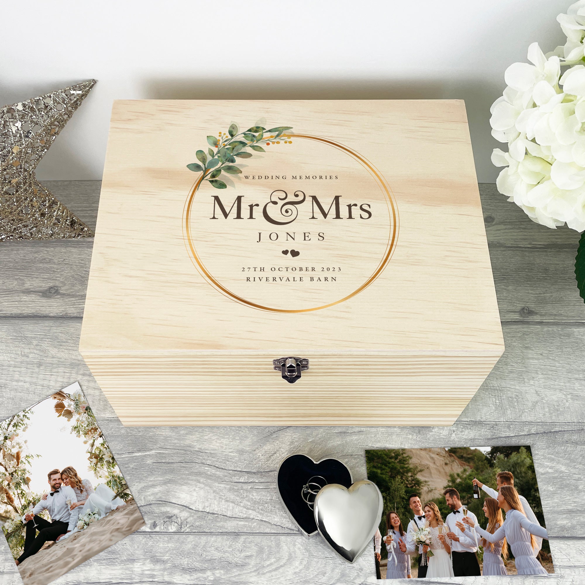 Personalized Wooden Wedding Wreath Keepsake Memory Box - Handcrafted Gift for Couples (5 Sizes: 16cm, 20cm, 26cm, 30cm, 36cm) - Perfect for Anniversaries, Bridal Showers & Home Decor