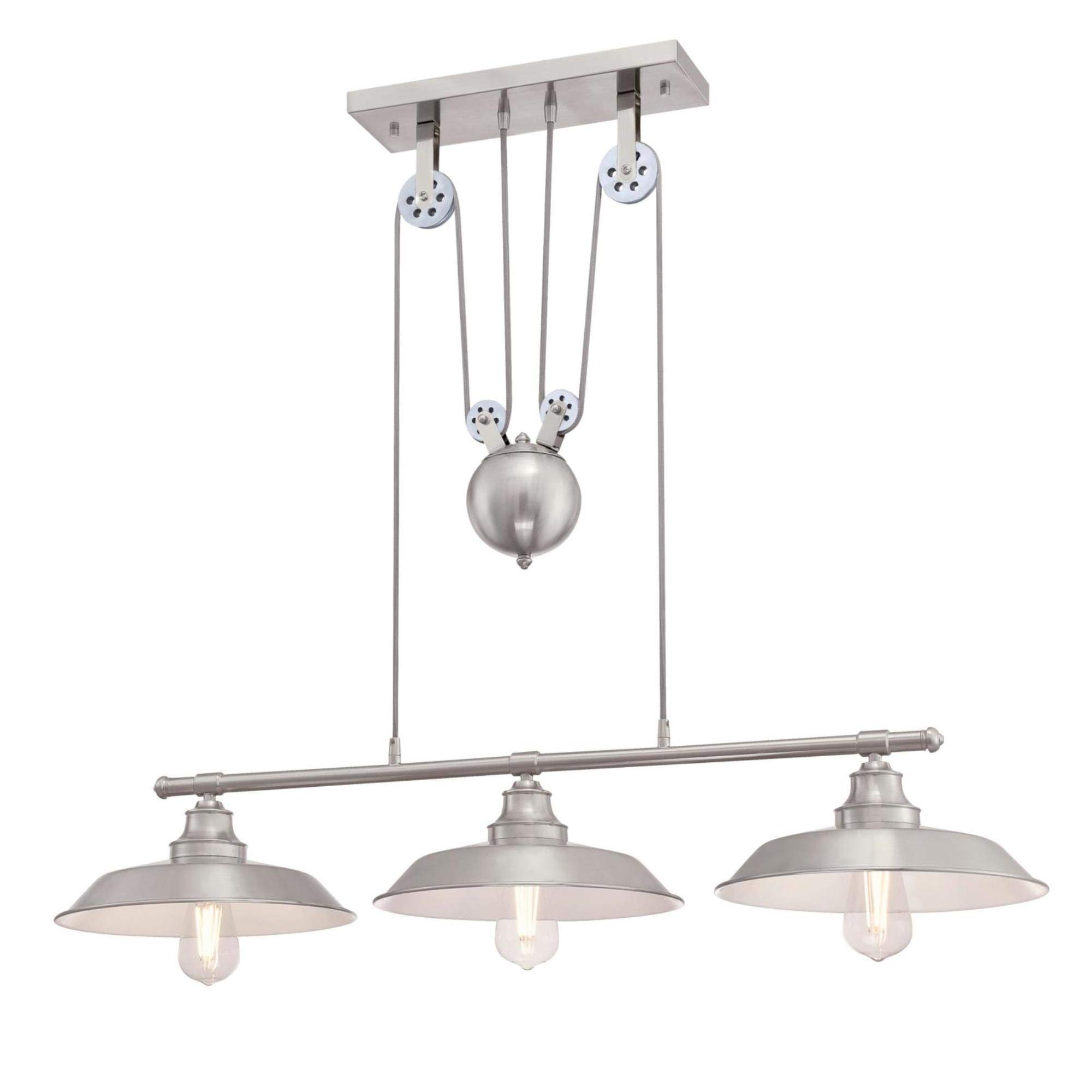 OHHG Lighting 6369900 Iron Hill 3-Light Industrial Pendant Light with Pulley System - Brushed Nickel Finish - Perfect for Kitchen Island, Dining Room, or Farmhouse Decor