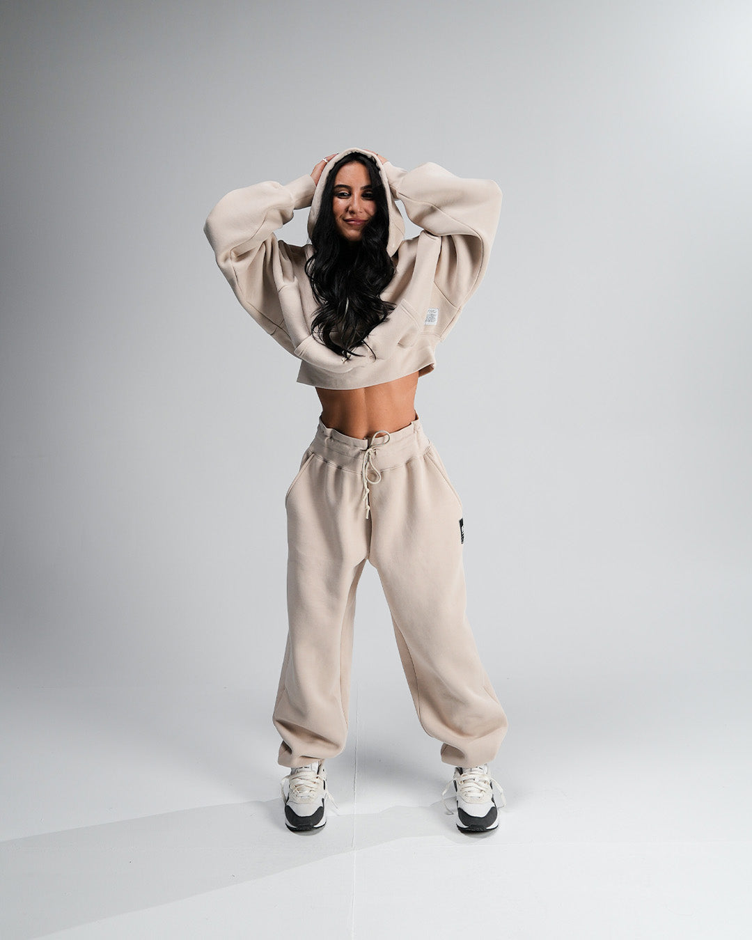 Women's Oversized Crop Hoodie - Soft Fleece Pullover Sweatshirt for Casual Wear & Lounge | Tan | Cozy Fall & Winter Fashion