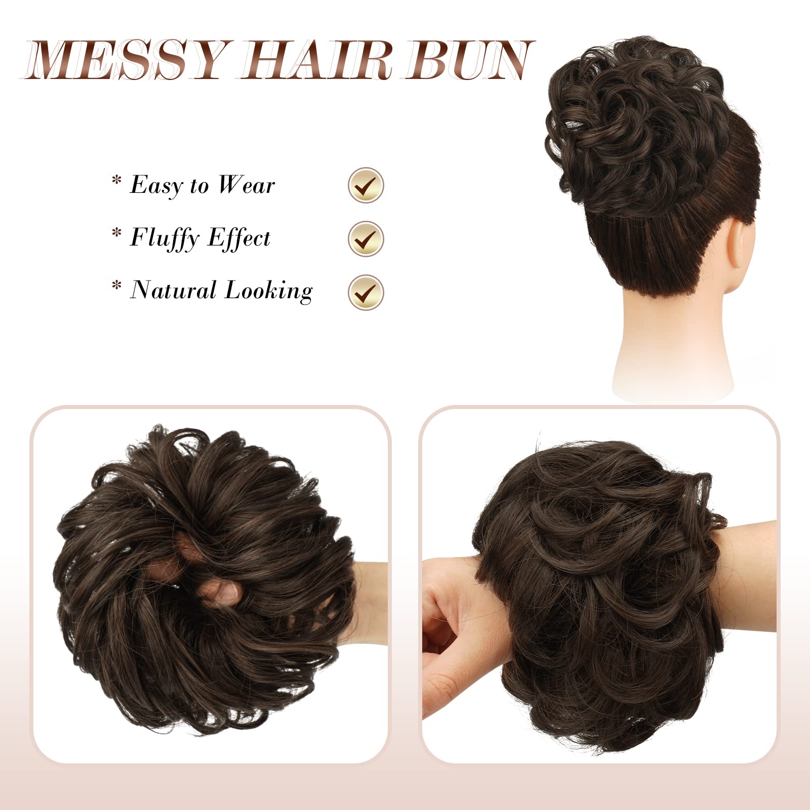 FESHFEN Messy Curly Hair Bun Extensions - Synthetic Donut Updo Hairpieces for Women & Girls (1.94oz) - Plus Size Scrunchies for Effortless Hairstyles | Perfect for Weddings, Parties & Everyday Wear