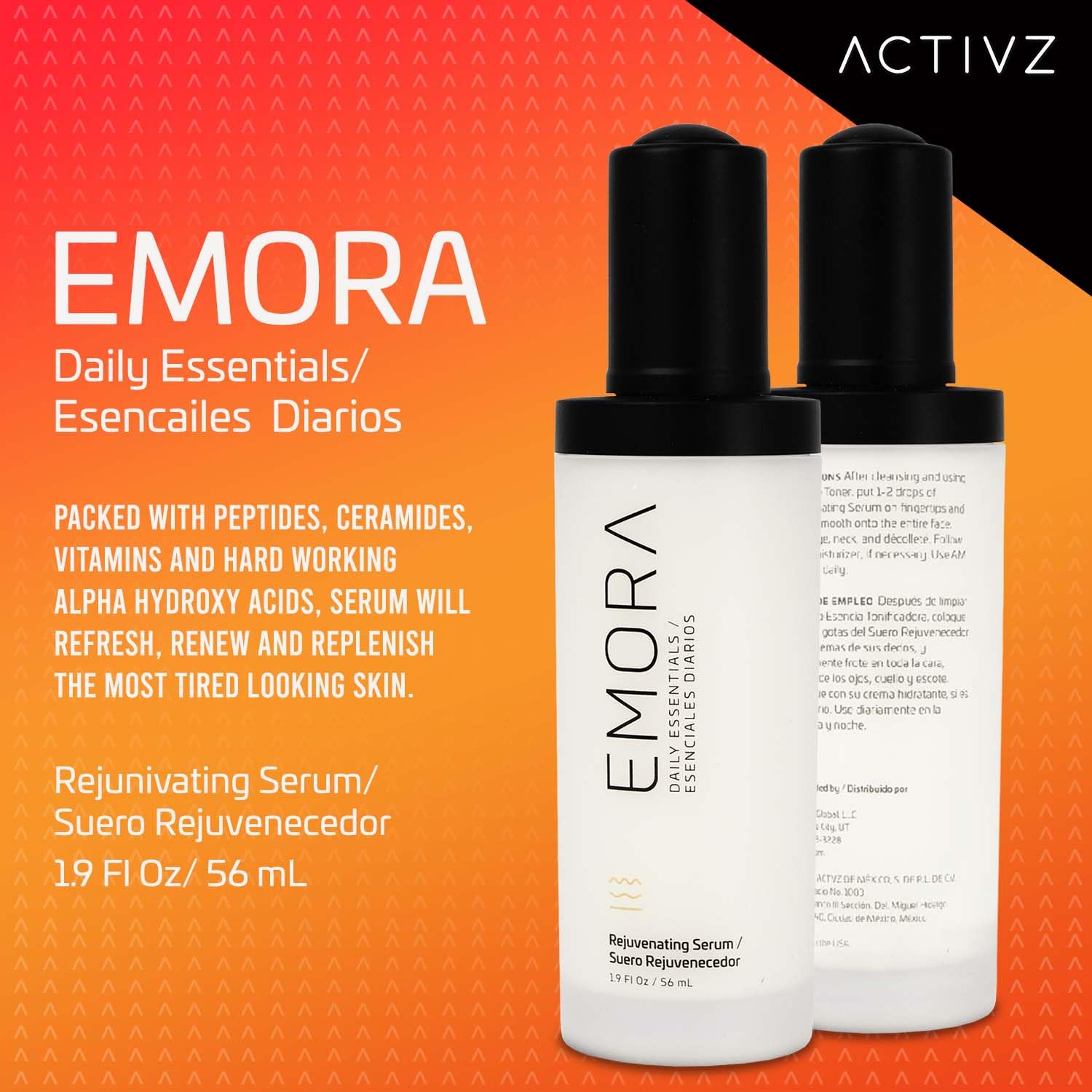 ACTIVZ Emora Rejuvenating Face Serum - Anti-Aging Skin Care with Saccharomyces Ferment, Rosehip Oil, Niacinamide, Green Tea & Vitamin E - Hydrates & Brightens Skin - 1.9oz/56ml - Perfect for Daily Skincare Routine & Nighttime Regimen