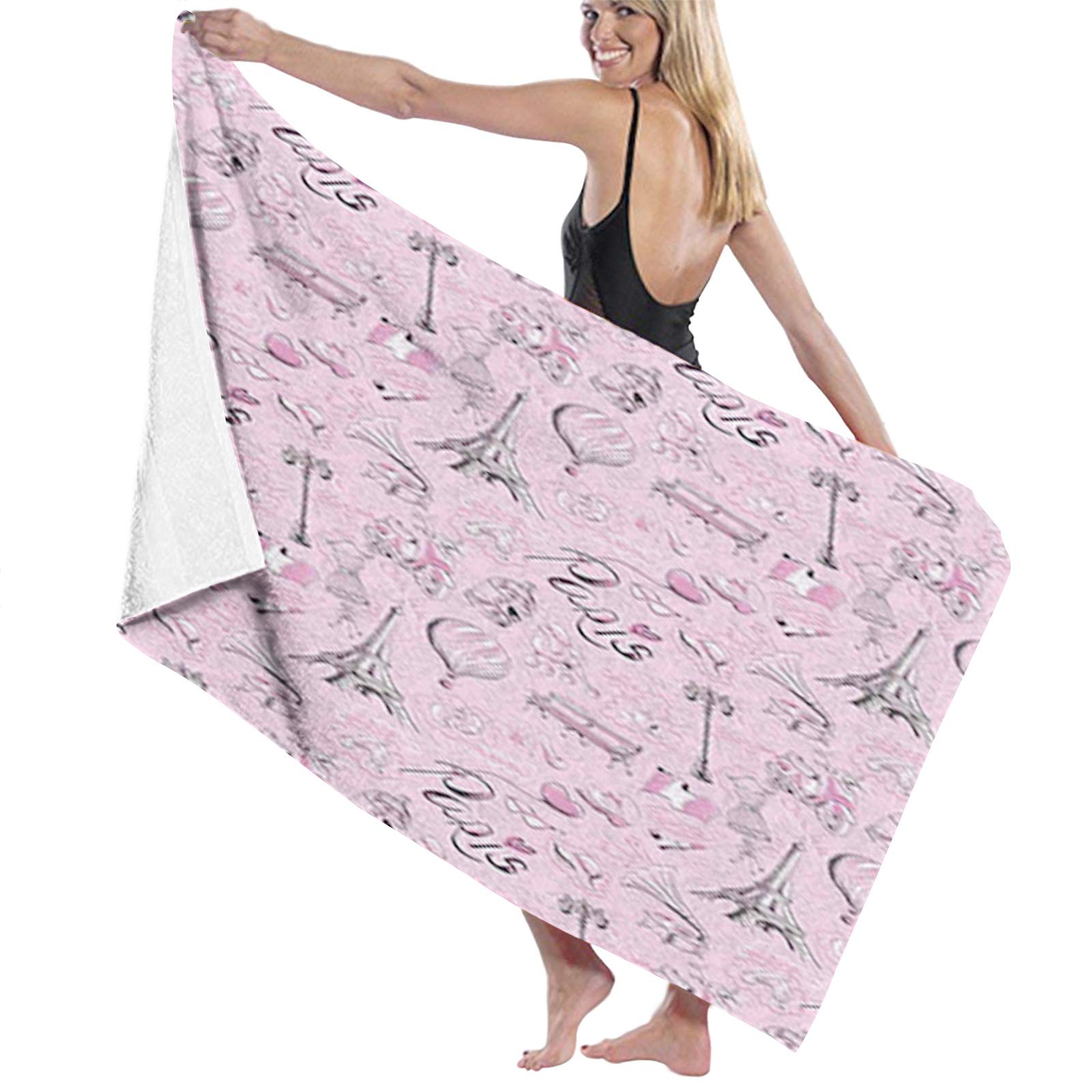 Paris Themed Microfiber Beach Towel - Large Quick-Dry Bath Towel for Women & Men, Travel Accessories Gift (Pink/White/Black) - Perfect for Beach Vacations, Poolside Lounging & Summer Travel
