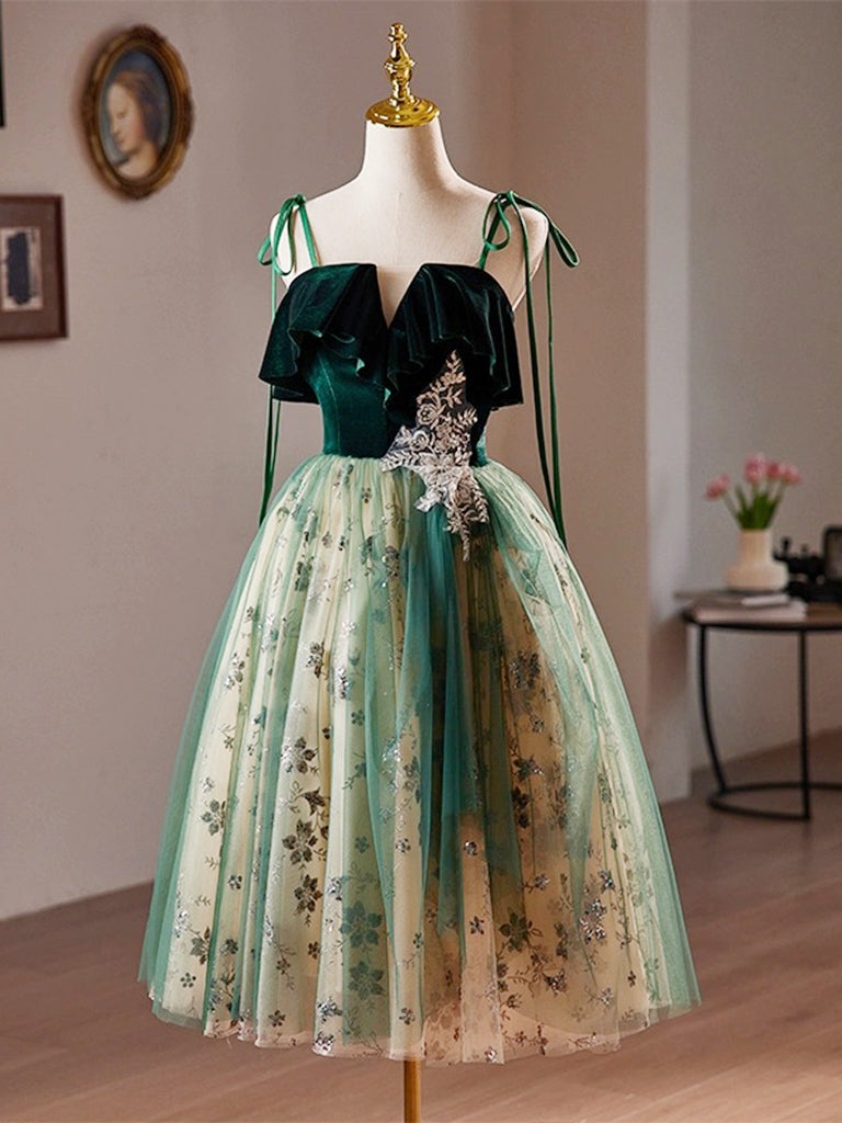 Elegant A-Line Tulle Sequin Velvet Green Short Prom Dress | Homecoming Party Dress for Teens | Perfect for Dances, Formals & Special Occasions