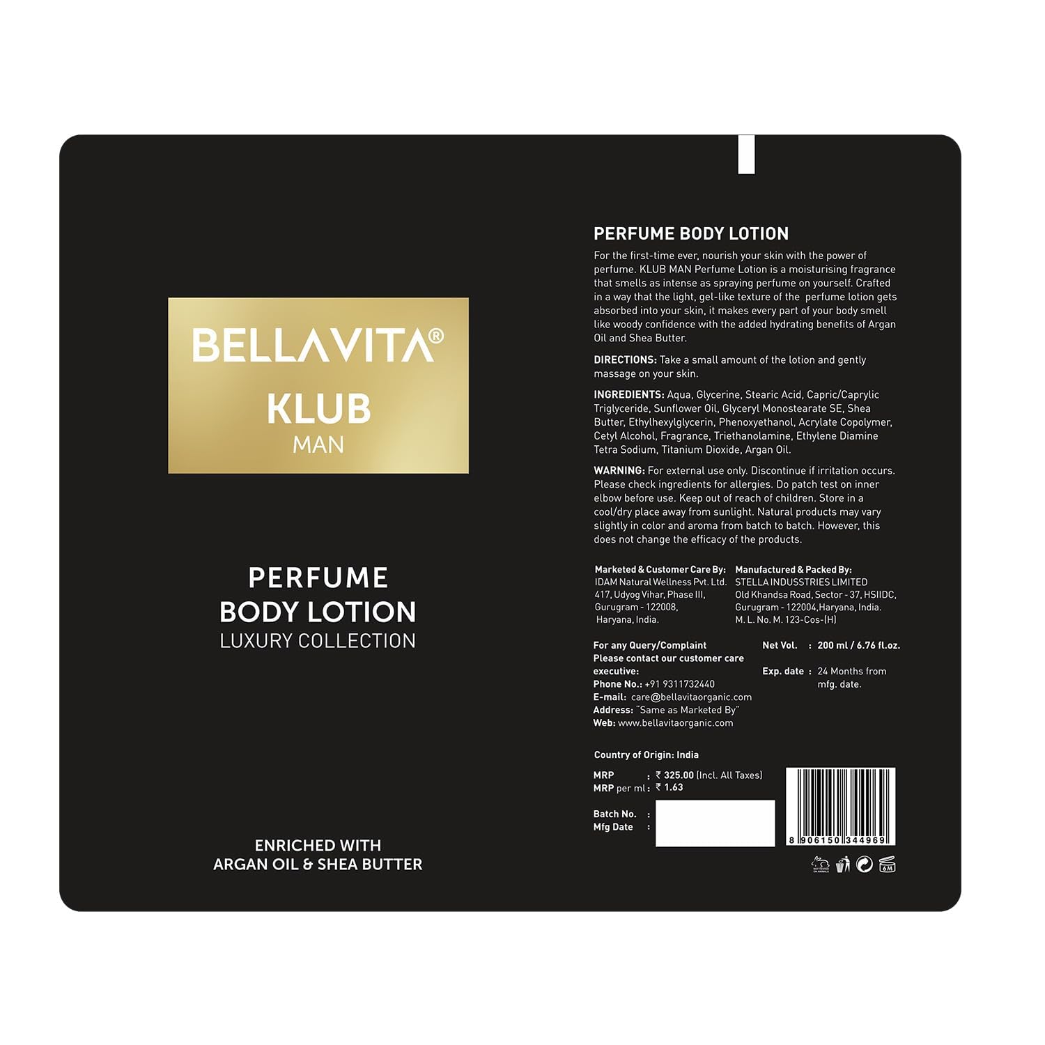 Bella Vita Luxury KLUB Men's Body Perfume Lotion - Hydrating & Nourishing with Argan Oil & Shea Butter (200ml) for Soft, Supple & Healthy Skin | Perfect for Daily Moisturizing & Post-Shave Care