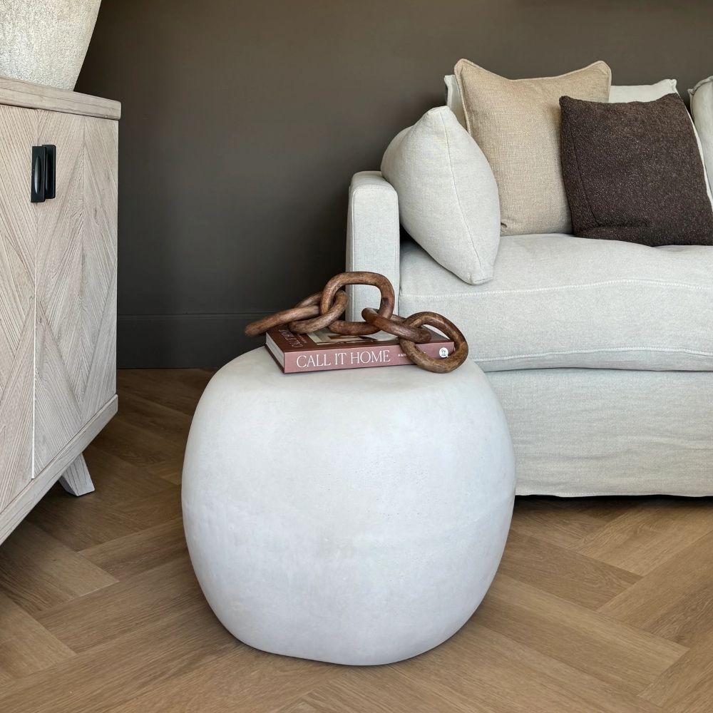 ROCCO 50cm White Concrete Pebble Side Table Stool - Indoor & Outdoor Use for Patio, Garden, Living Room, and Bedroom Decor