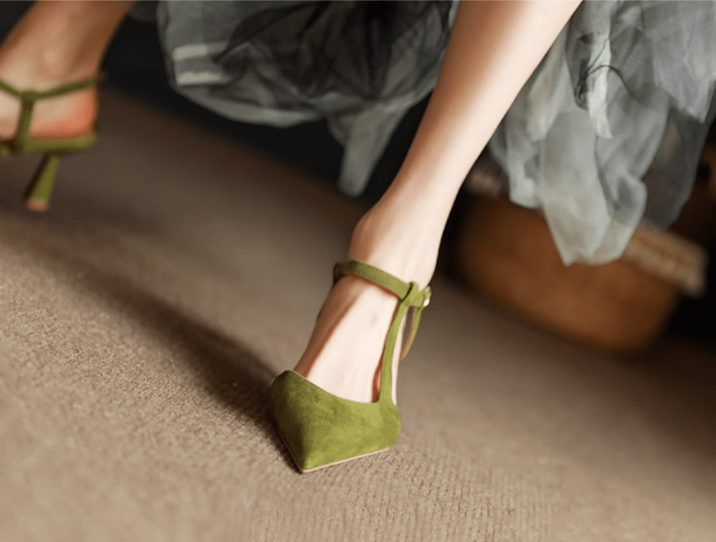 Women's Green Cowhide High Heeled Sandals with Buckle Strap - Elegant Dress Shoes for Weddings, Parties & Evening Events