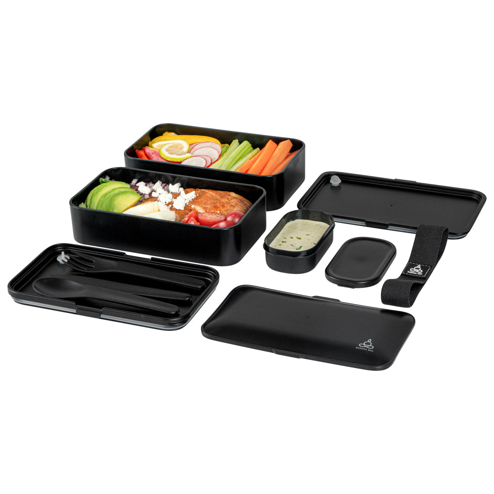 Bento Tek 41 oz Black Buddha Box - All-in-One Lunch Container with Utensils & Sauce Cup (7.25