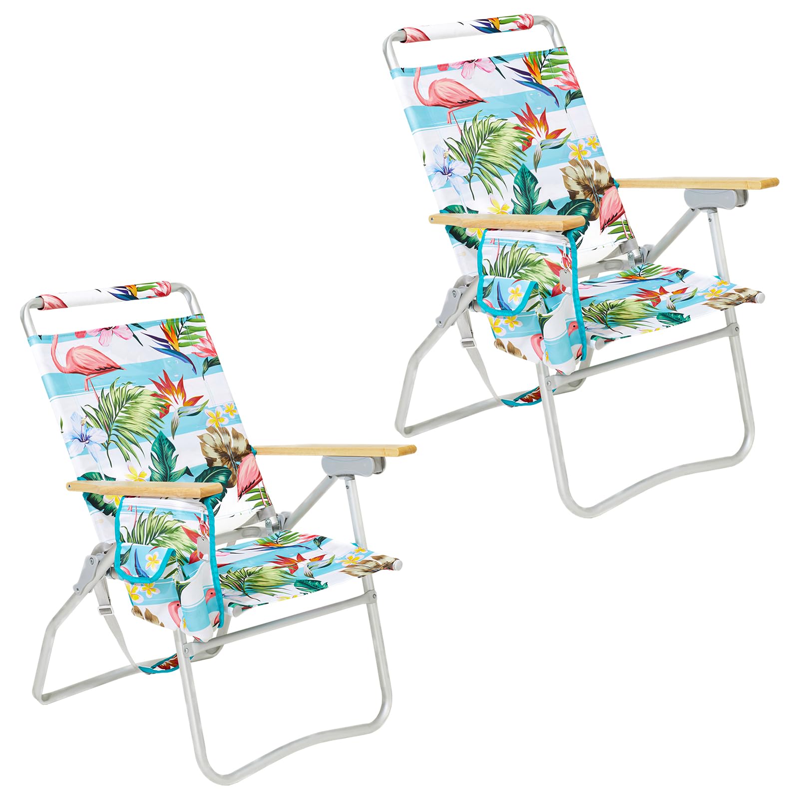 WEJOY High Back Aluminum Beach Chair - 2 Pack Adjustable Folding Camping Chairs with Wooden Armrest, Cup Holder & Storage Bag for Outdoor, Fishing, Sunbathing (Cyan Pink) - Perfect for Beach, Poolside, Backyard & Picnics