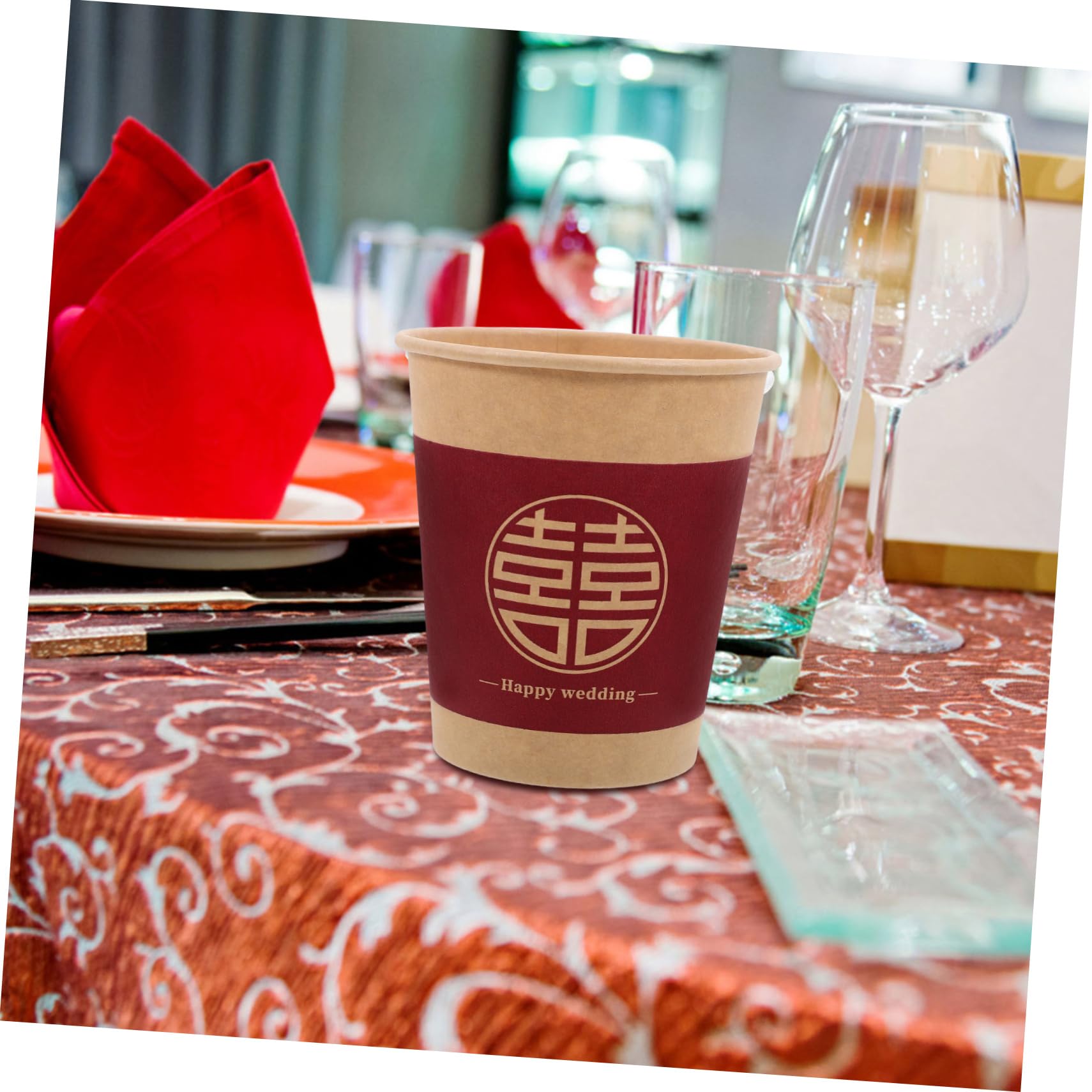 ULTECHNOVO 100 Pcs Happy Wedding Paper Cups - Double Wall Disposable Red Party Cups for Wedding, Holiday & Celebration (Xi Design) - Perfect for Bridal Showers, Receptions & Festive Gatherings