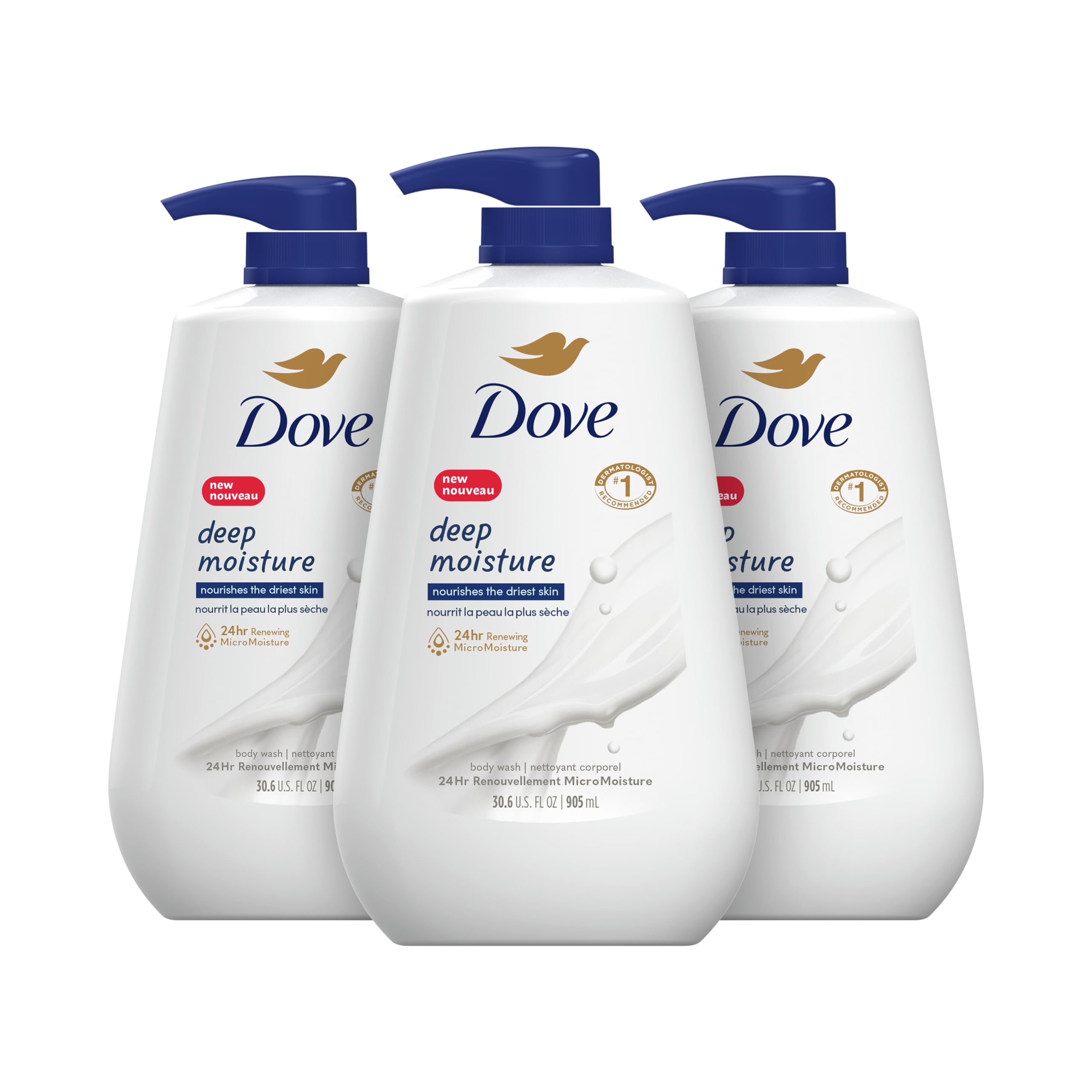 Dove Deep Moisture Body Wash with Pump for Dry Skin - Hydrating & Nourishing 30.6 Fl Oz (Pack of 3) + Macadamia & Rice Milk Exfoliating Body Scrub 10.5 oz - Daily Shower Routine for Soft, Smooth Skin