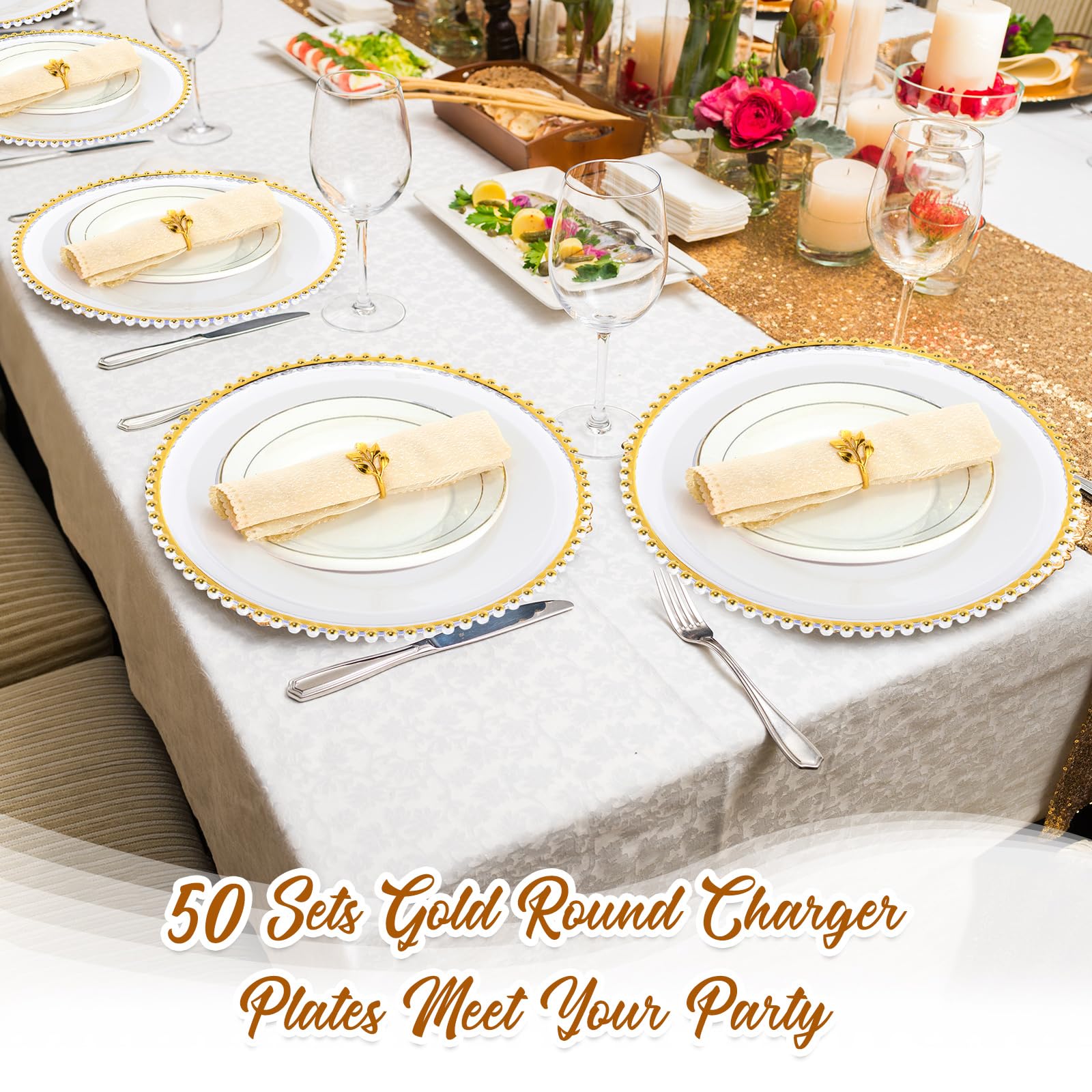 Bokon 50-Pack Clear Acrylic Charger Plates 13 Inch - Elegant Beaded Plastic Dinner Plates with Gold Napkin Rings - Perfect for Weddings, Thanksgiving & Party Decor (Clear & Gold)