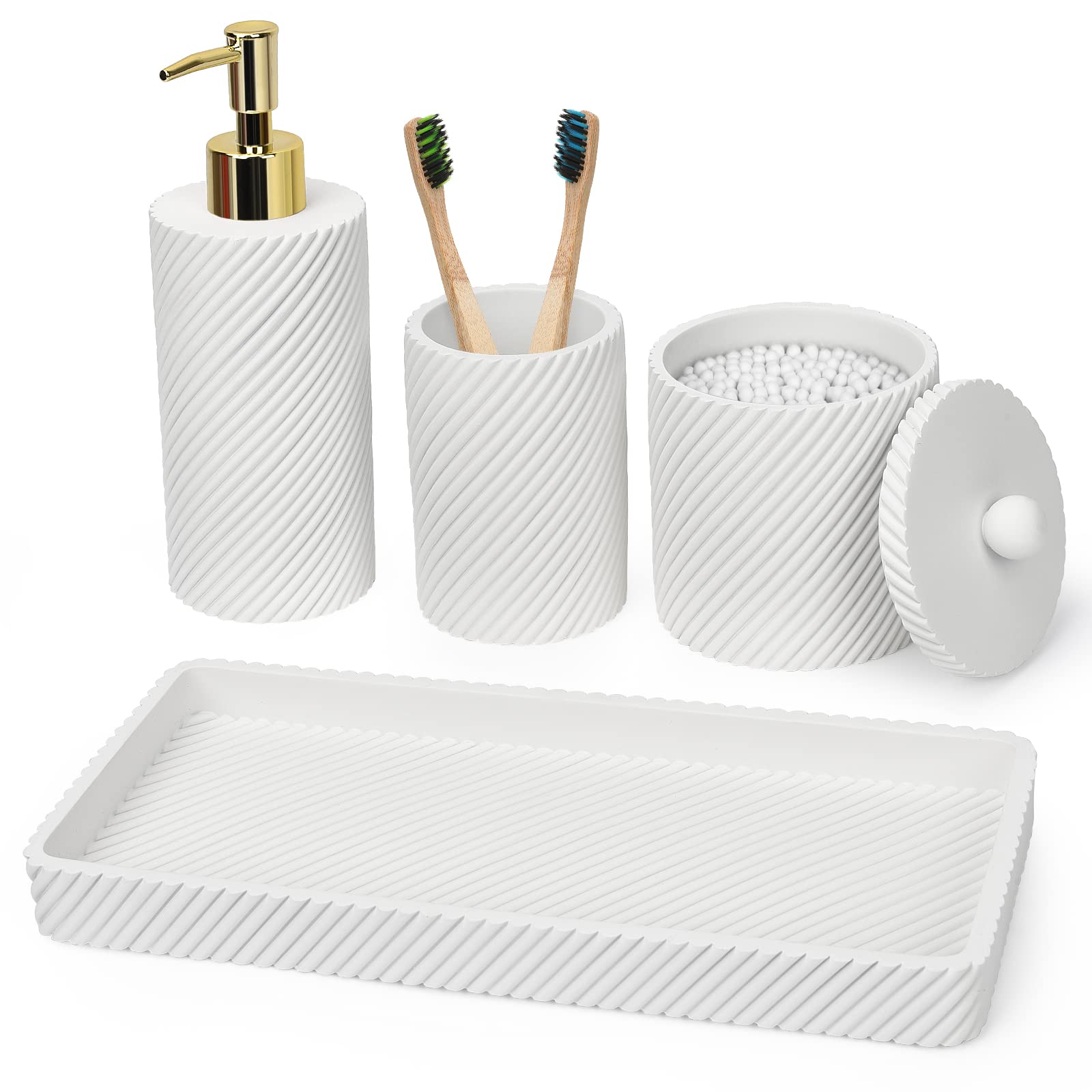 4-Piece Bathroom Accessories Set - Soap Dispenser, Toothbrush Holder, Cotton Swab Organizer & Vanity Tray | Modern Pearl White Countertop Decor | Perfect for Bathroom Organization & Spa-Style Vanity Setup