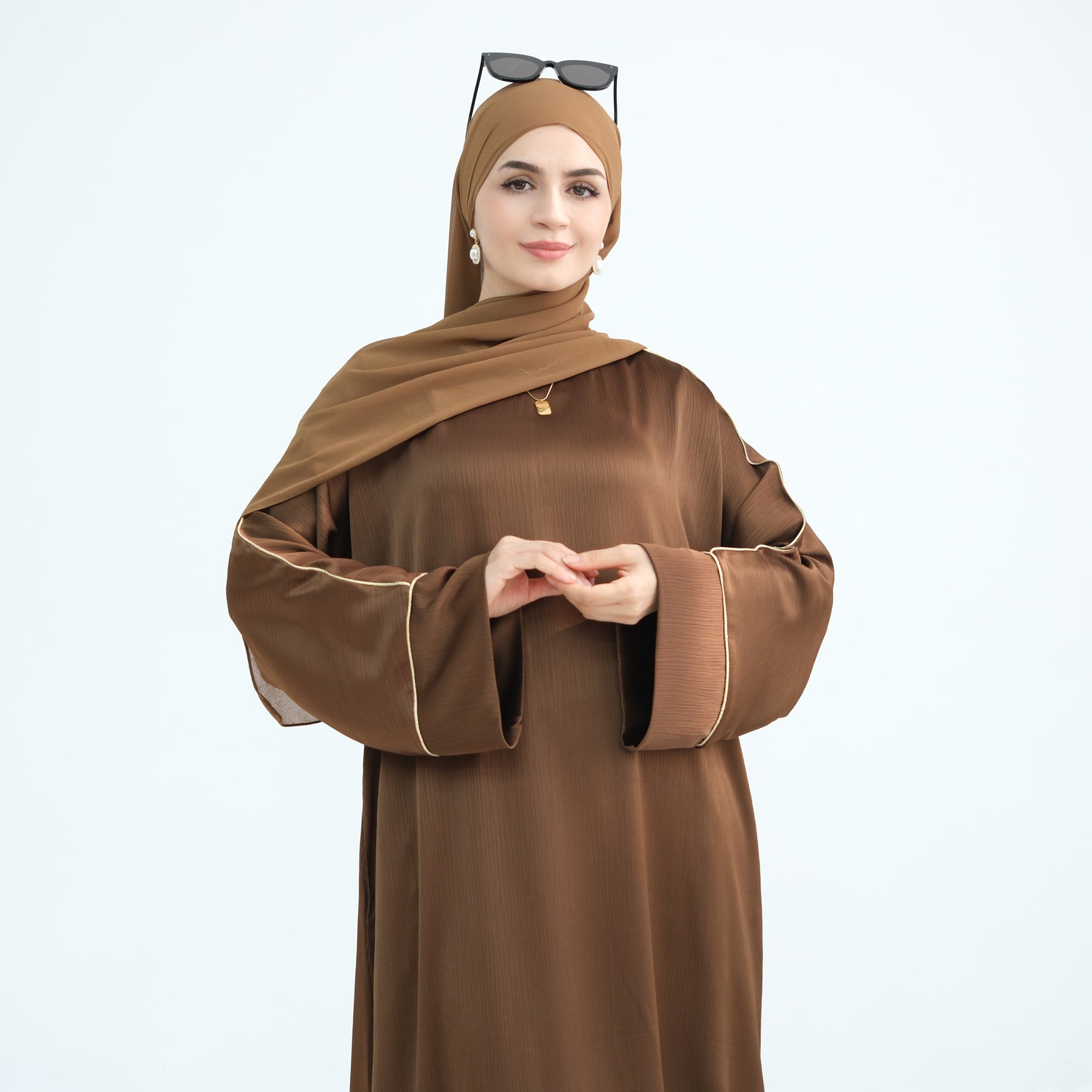 Elegant Ayana Textured Piping Detail Abaya Dress - Bronze Color for Women | Perfect for Islamic Prayer, Mosque Visits & Special Occasions