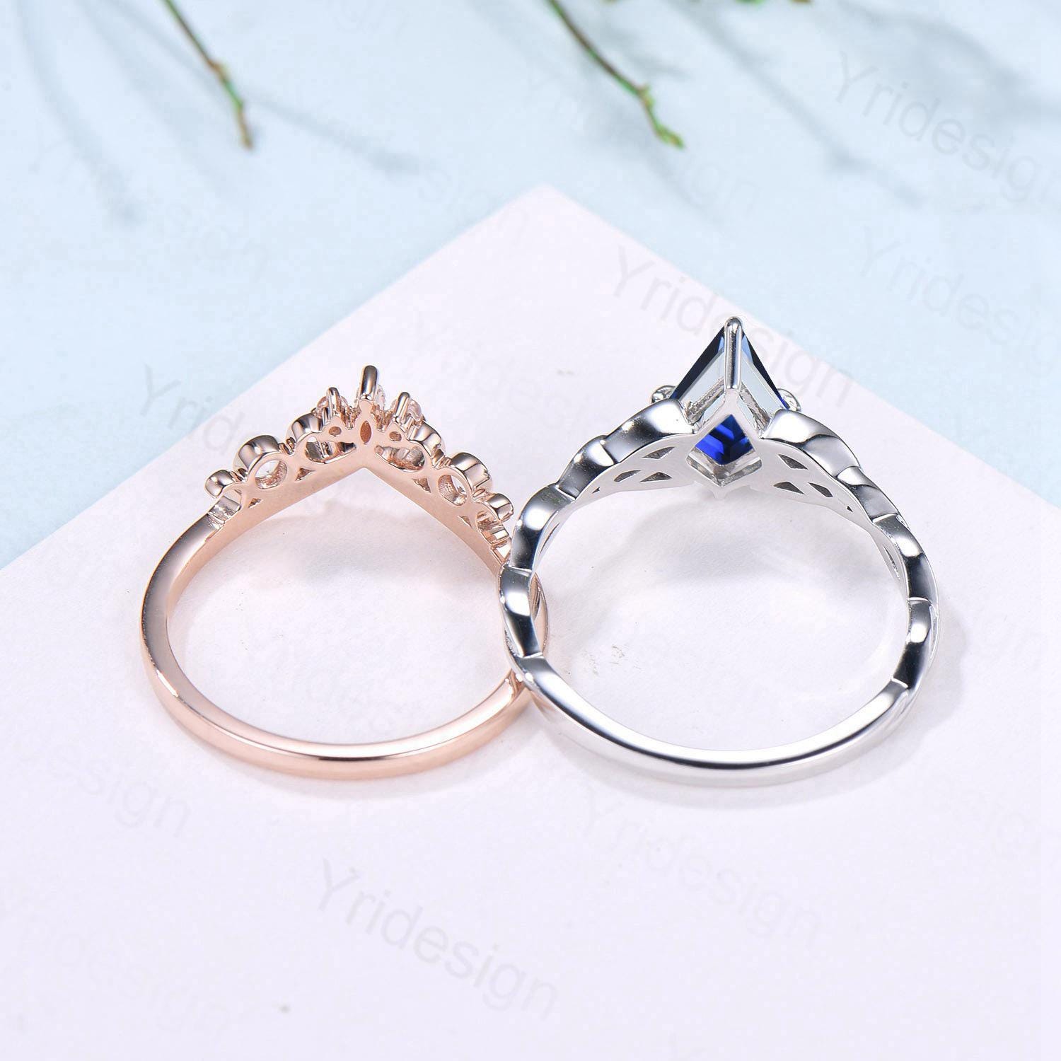 Viking Kite Cut Blue Sapphire Engagement Ring Set - Unique Celtic Love Knot & Butterfly Wedding Band - September Birthstone Jewelry for Women - Perfect for Weddings, Anniversaries & Romantic Gifts