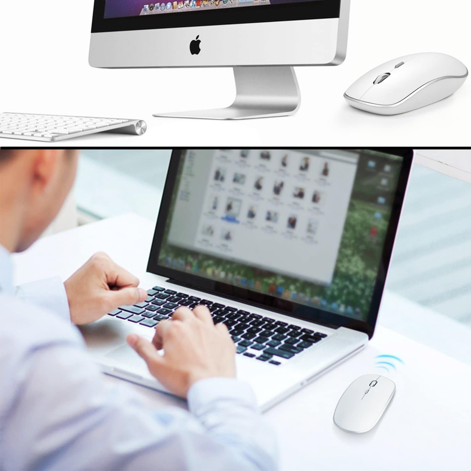 J JOYACCESS 2.4G Wireless Silent Mouse - Slim Portable USB Computer Mouse with 2400 DPI for Laptop, Notebook, MacBook, Chromebook, PC (White & Silver) - Perfect for Office Work, Home Use, and Travel