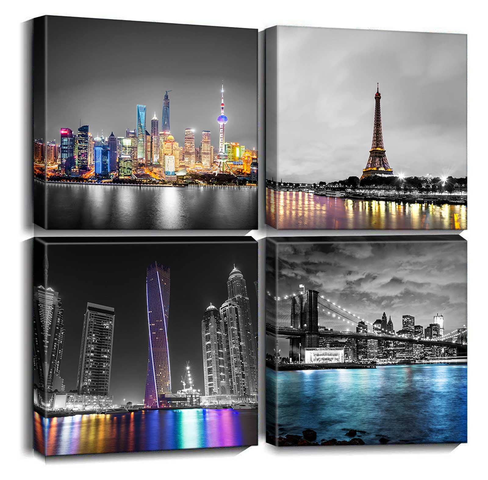 Oil Painting Cityscape Canvas Wall Art - Black & White Skyline Pictures, Colorful City Lights Painting Prints for Home & Office Decor (4-Piece Set, 16x16 Inches, Ready to Hang) | Perfect for Living Room, Bedroom & Office Wall Decoration
