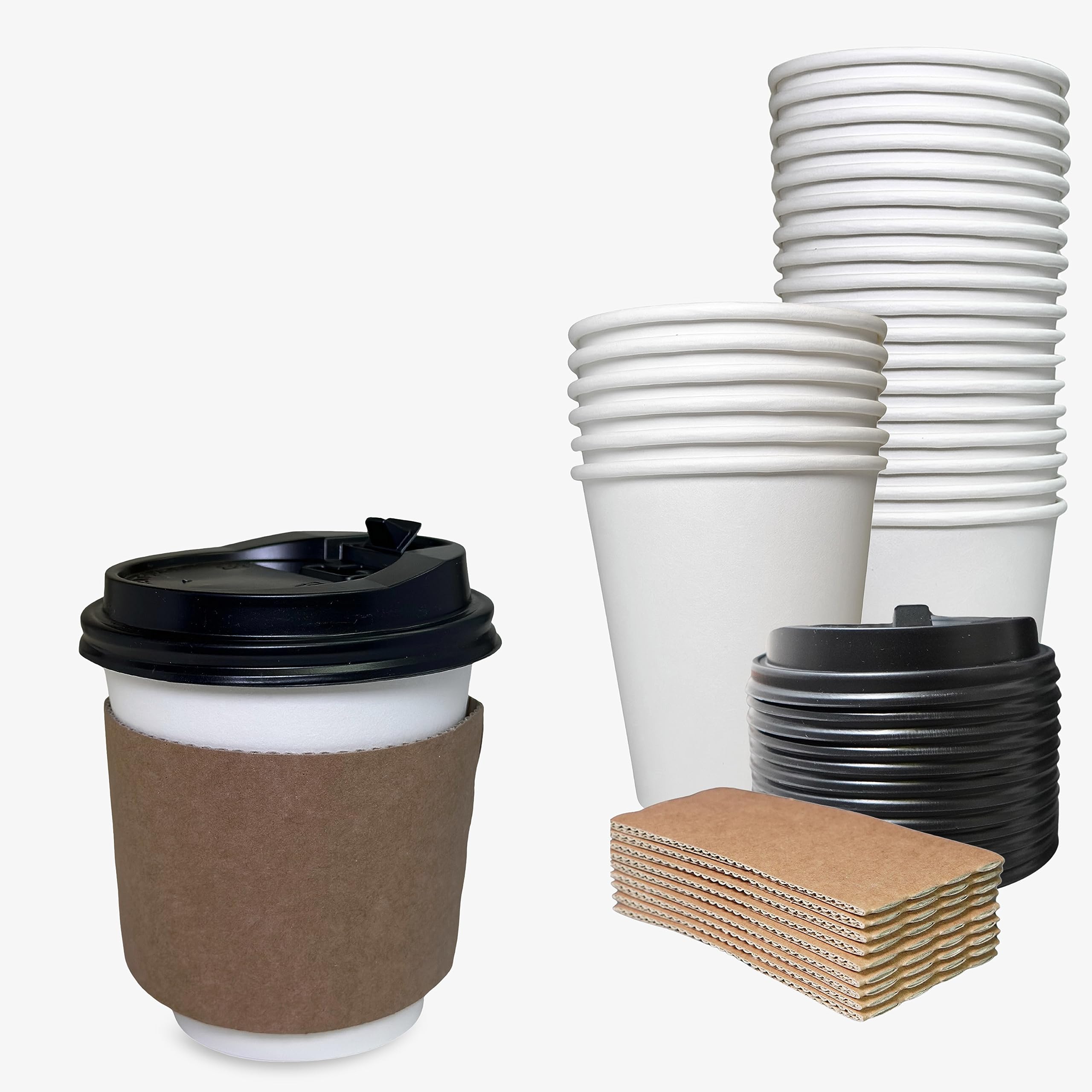 EcoQuality 12 oz Disposable White Paper Coffee Cups with Black Dome Lids & Corrugated Sleeves - 400 Pack for Hot Beverages, Perfect for Office, Coffee Shops, Travel, and Home Use - Ideal for Morning Coffee, Tea Break, Commuting, and On-the-Go Lifestyles