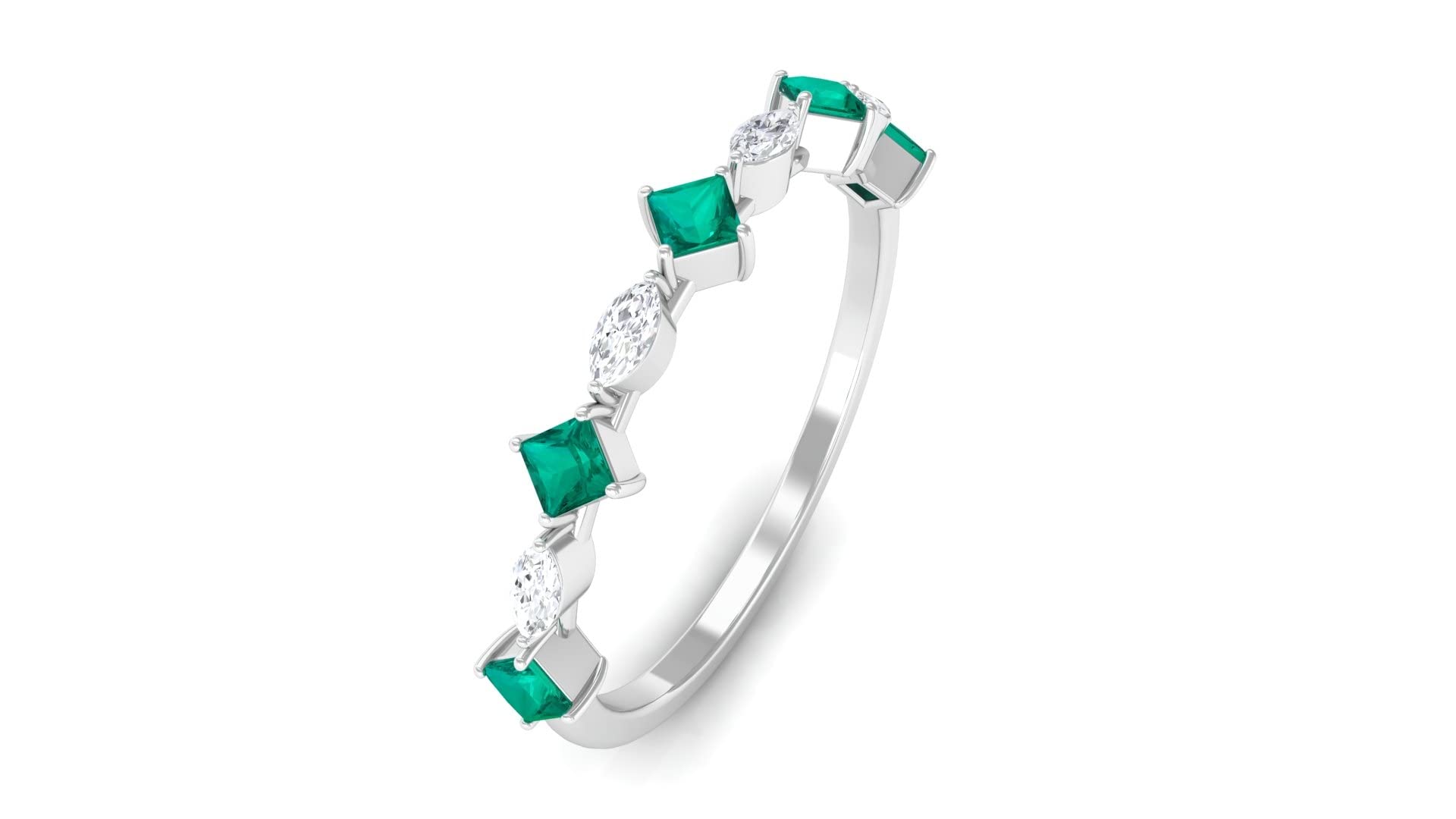 14K Solid Gold Princess Cut Emerald Half Eternity Ring with Diamonds | Alternate Green Emerald Semi Eternity Band | Elegant Jewelry for Weddings, Anniversaries & Special Occasions