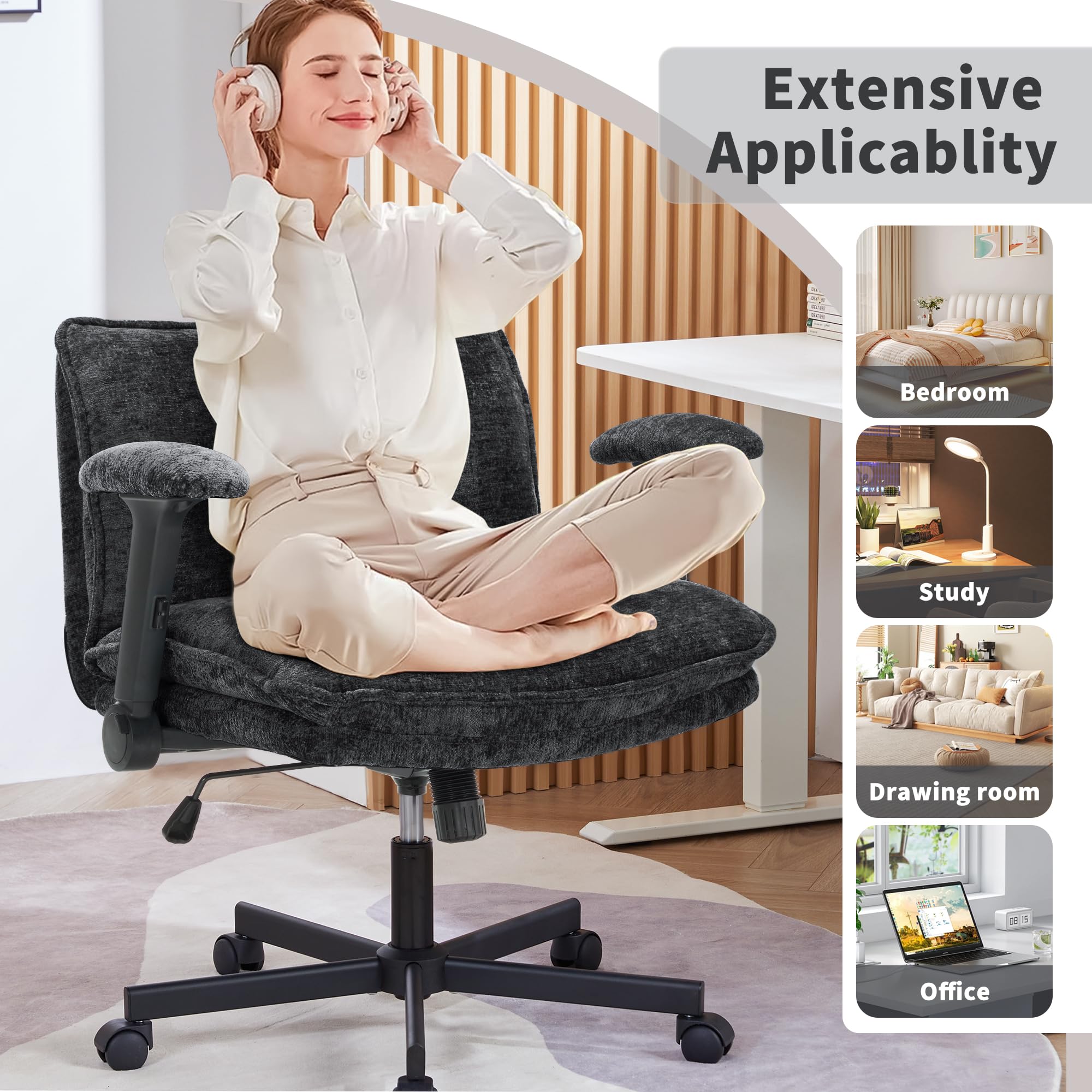Ergonomic Cross-Legged Office Chair with Wheels & Adjustable Flip-Up Arms - Wide Seat Desk Chair with Thick Cushion for Home Office, Apartment, Bedroom - Perfect for Meditation, Yoga & Work (Black)
