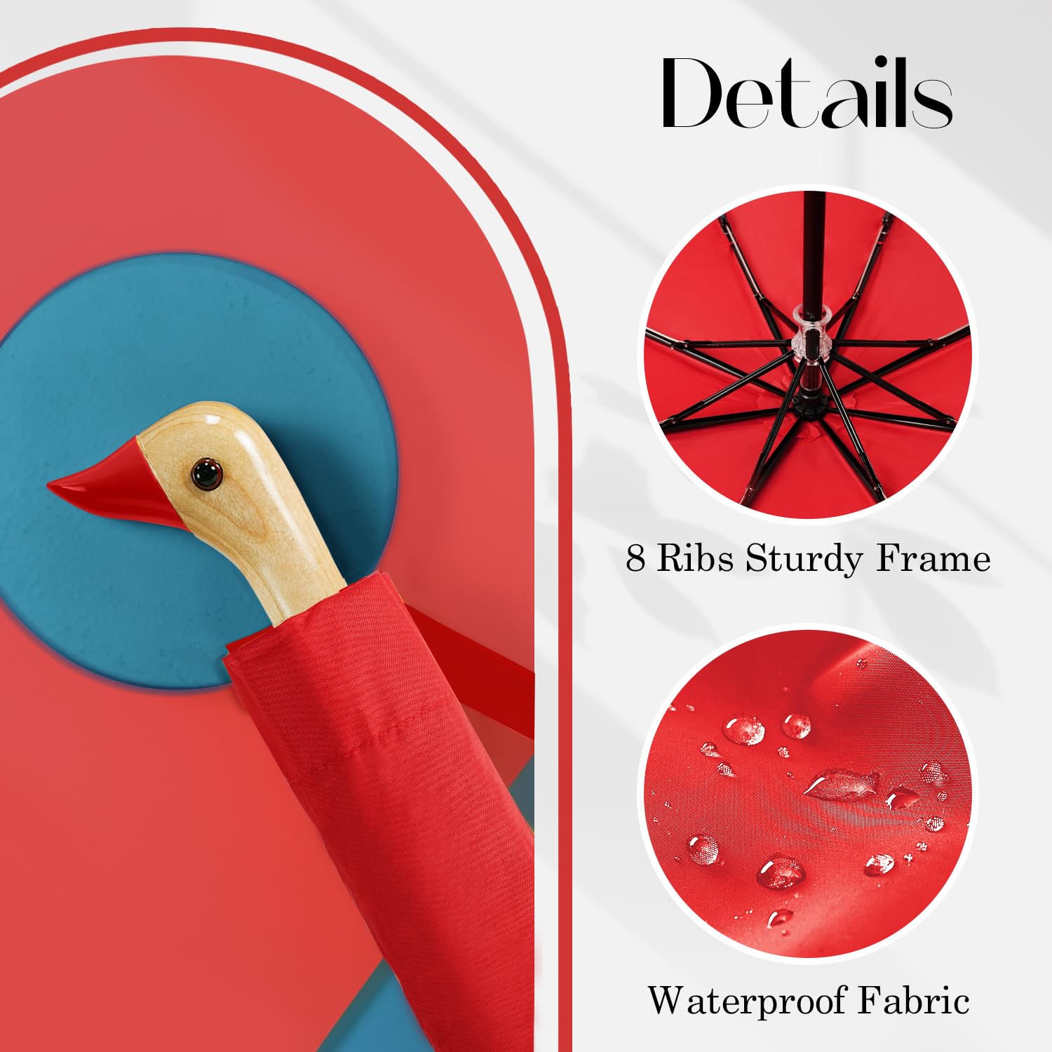 Compact Travel Umbrella with Cute Duck Handle - Lightweight Folding Umbrella for Women & Girls, Wooden Handle, Yellow Duck Head Design - Perfect for Rainy Days, Commuting, and Outdoor Adventures