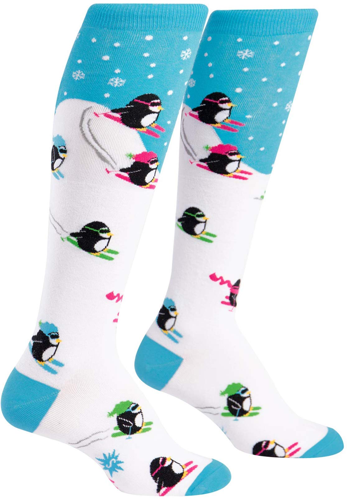 Women's Knee High Socks with Downhill Penguin Design - Fun Novelty Crew Socks for Winter, Christmas Gifts & Casual Outfits