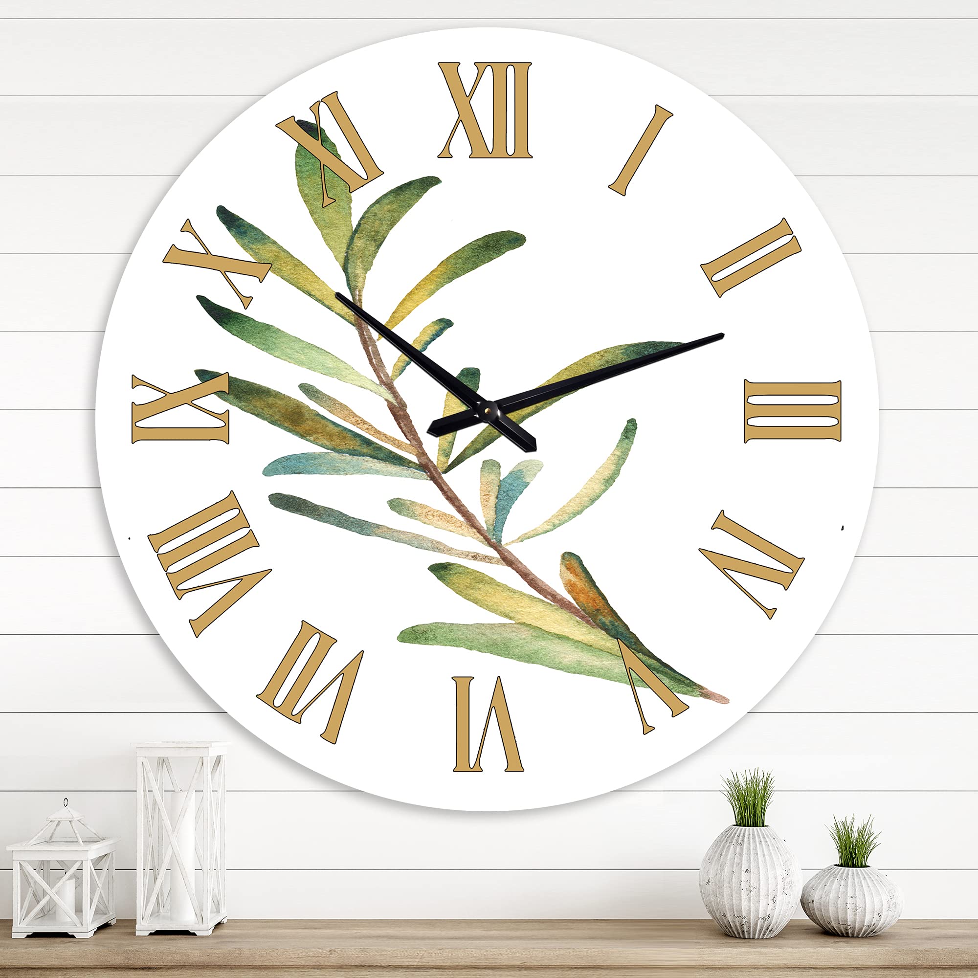 DesignQ Traditional Wall Clock 'Leaf Rosemary Branch' - Large Floral & Botanical Wall Clock for Kitchen, Living Room, Bedroom Decor - Perfect for Farmhouse, Vintage & Rustic Home Décor
