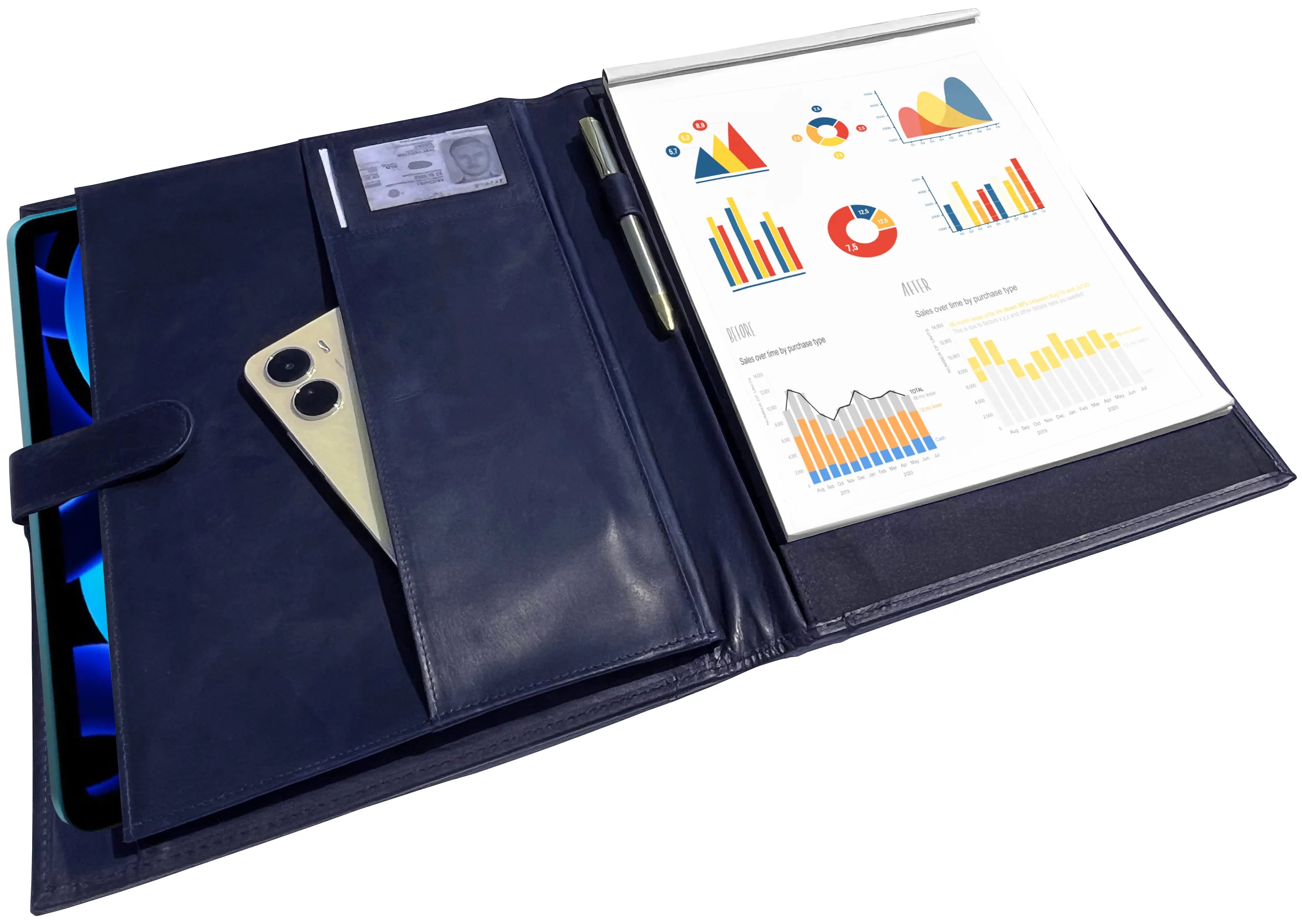 Handmade Genuine Leather Padfolio - Professional Document Organizer with Notepad Holder (Blue) - Perfect for Business Meetings, Office Use & Gifts