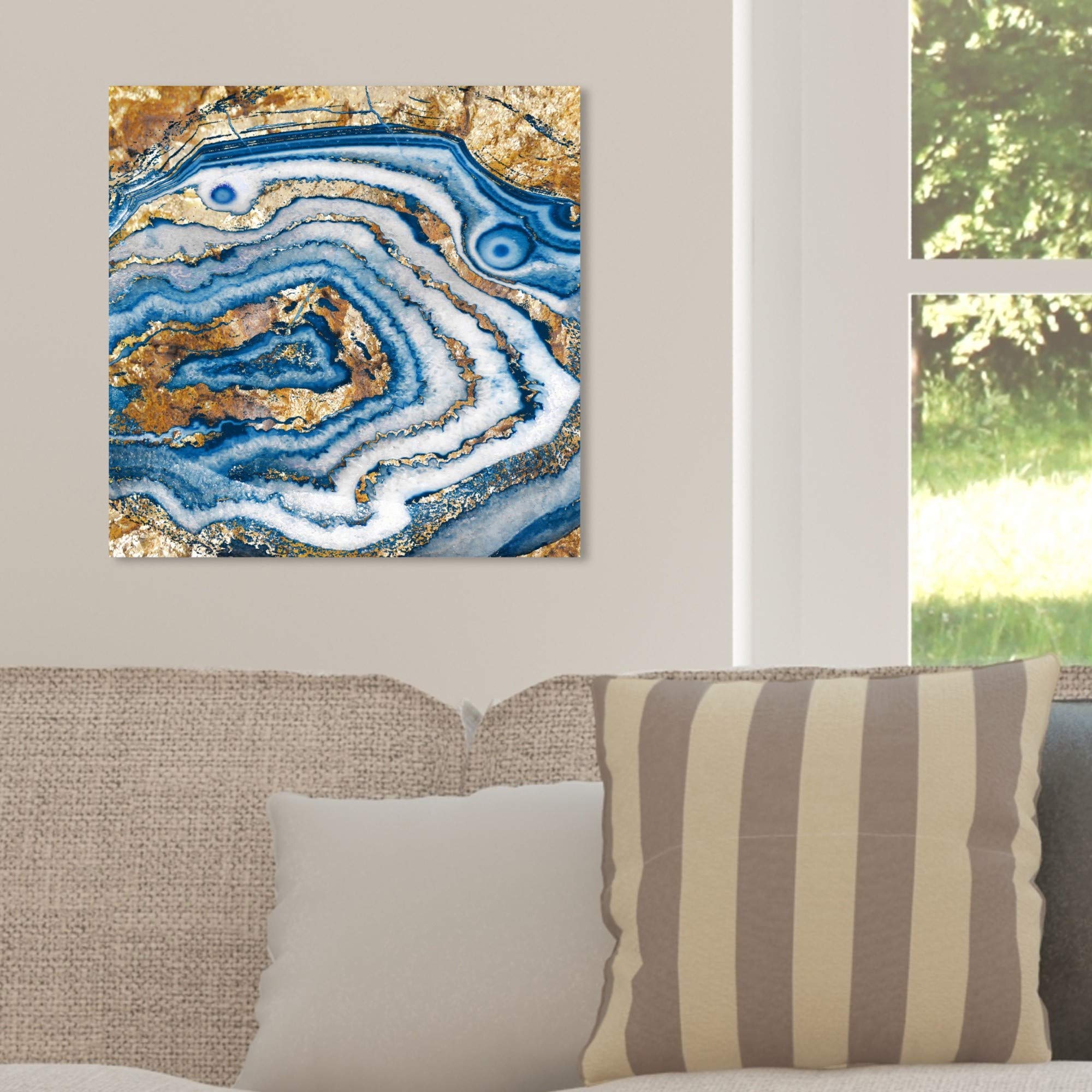 Abstract Wall Art Canvas Print 'Bleu Agate' - 20x20 Inch Blue & Gold Modern Home Decor - Perfect for Living Room, Bedroom or Office Decoration