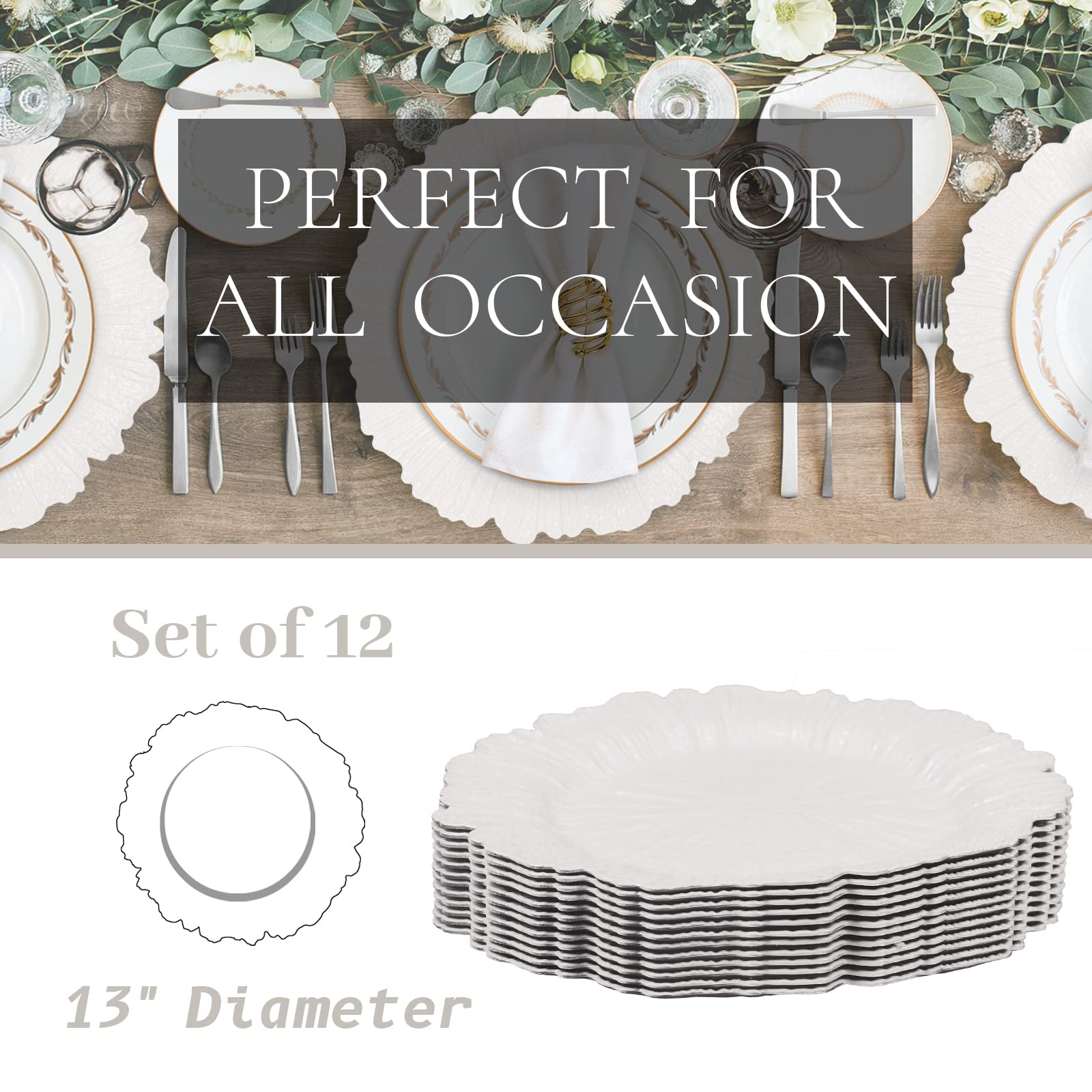 MAONAME 12-Pack White Plastic Charger Plates - Elegant Reef Design Decorative Dinner Plates for Formal Table Settings, Thanksgiving, Christmas, Weddings & Special Events