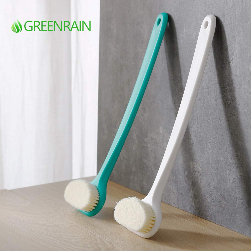 Premium Body Brush for Dry & Wet Brushing - 14 Inch Long Handle with Soft Bristles for Gentle Exfoliation, Improved Circulation & Glowing Skin | Perfect for Shower, Spa & Self-Care Routine (Green & White)