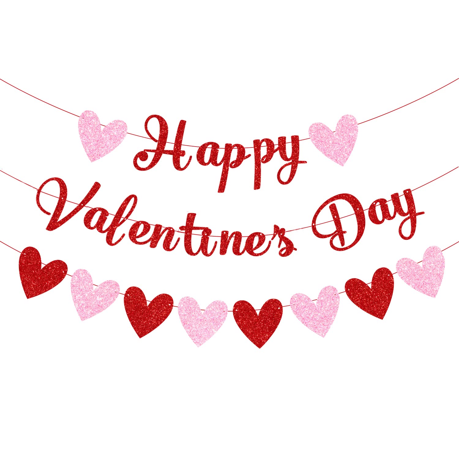 CAVLA Red Glitter Valentine's Day Banner & Pink Heart Garland - Romantic Party Decor for Valentine's Wedding, Anniversary, Engagement | Perfect for Home, Office & Event Decorations