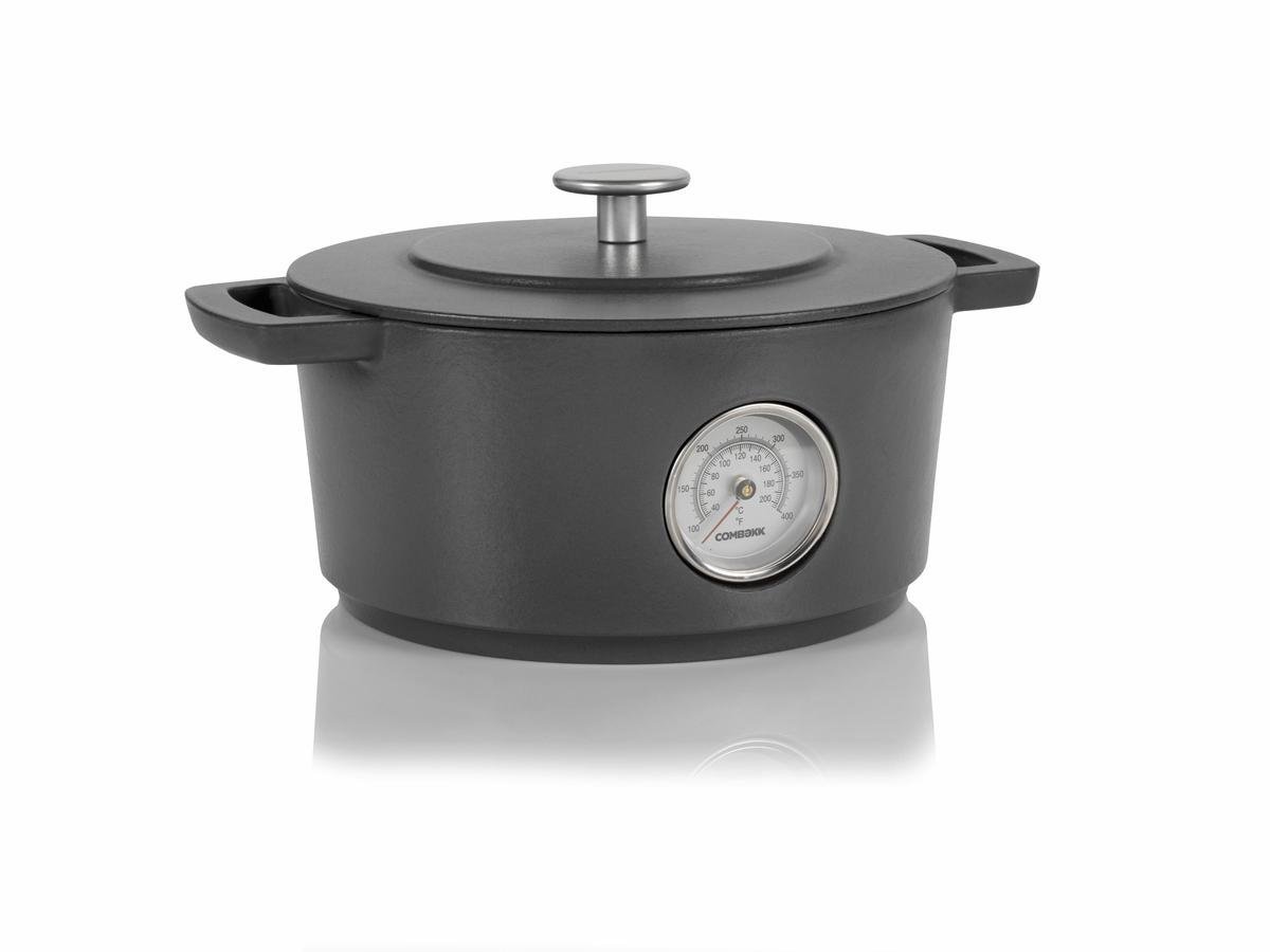 Combekk RAILWAY Recycled Enameled Cast Iron 4.25 Quart Dutch Oven with Built-in Thermometer - Concrete Gray, 9.5 Inch - Perfect for Camping, Baking Bread & Slow Cooking Stews