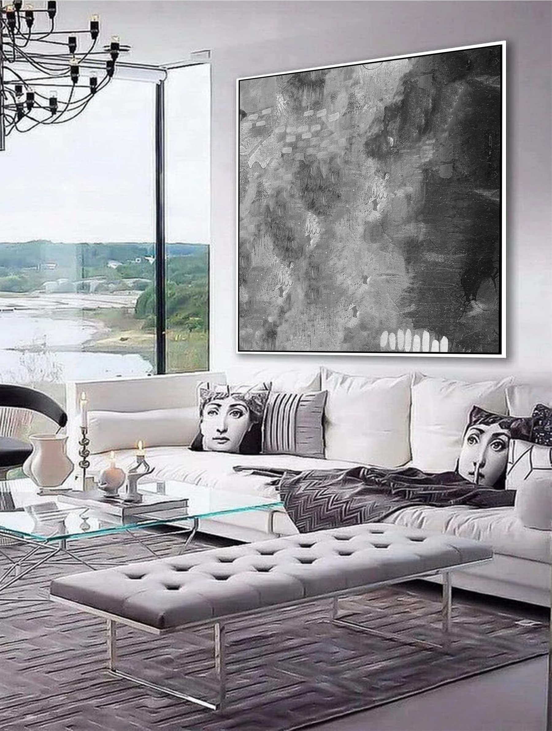 Large Abstract Canvas Oil Painting - Black & White Original Artwork - 60x60 Inch Wall Decor for Modern Living Room, Bedroom & Office | Handmade Contemporary Art