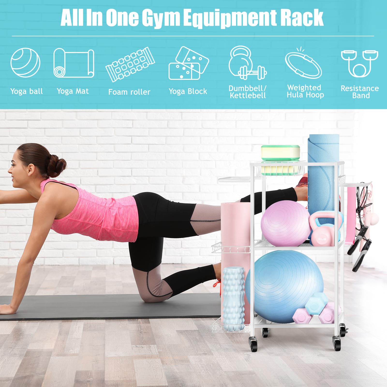 LIANTRAL Dumbbell Rack & Yoga Mat Organizer - Heavy Duty Home Gym Equipment Storage with Hooks & Wheels for Dumbbells, Yoga Mats, Exercise Balls - Perfect for Garage, Basement & Home Workout Spaces