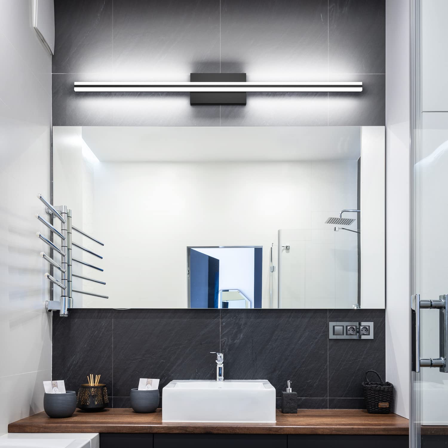 SOLFART Modern Dimmable LED Bathroom Vanity Lights - Matt Black Over Mirror Light Fixtures for Makeup, Shaving & Grooming