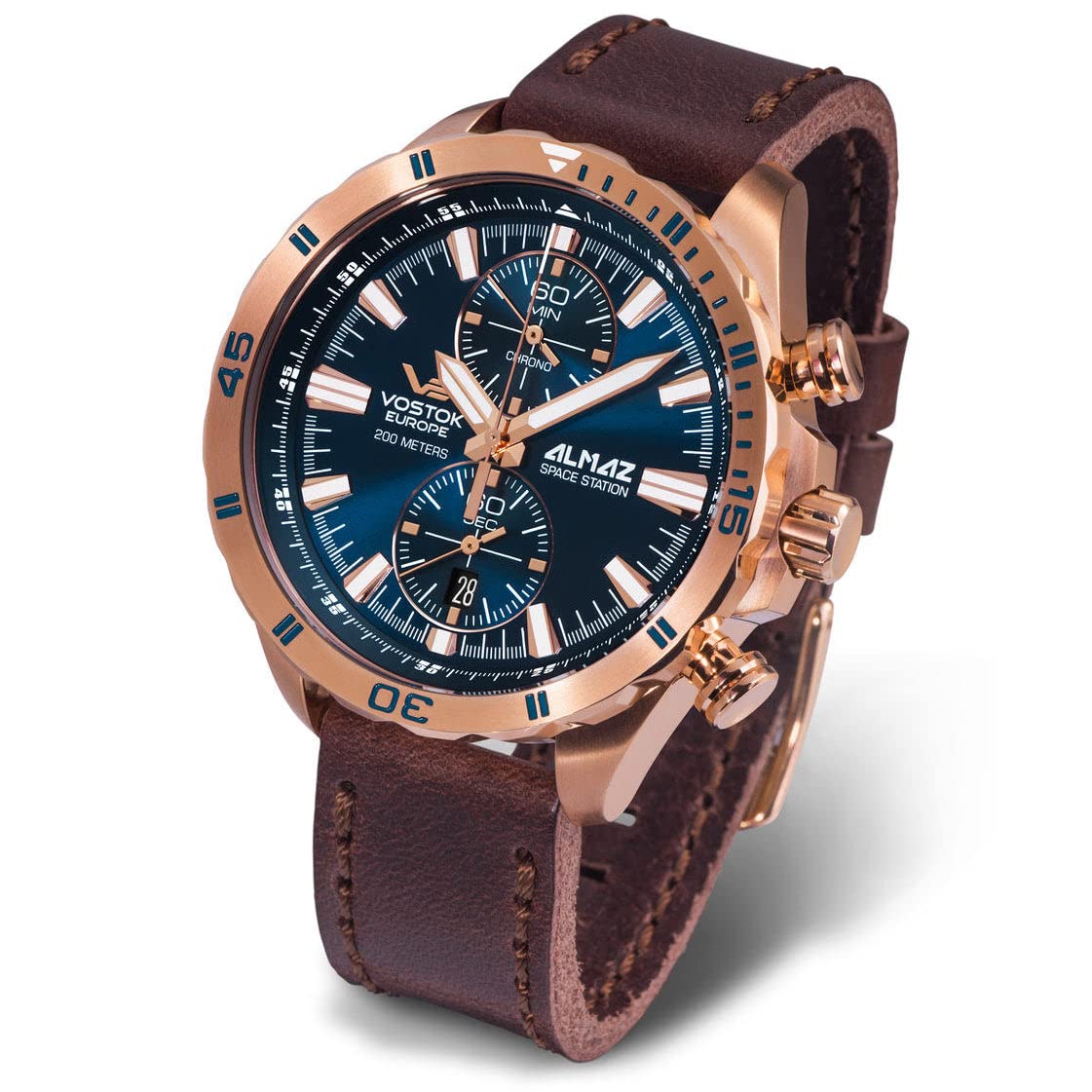 Vostok-Europe Almaz Chrono Rose Gold Blue Men's Watch - Luxury Automatic Chronograph for Business, Casual & Formal Occasions