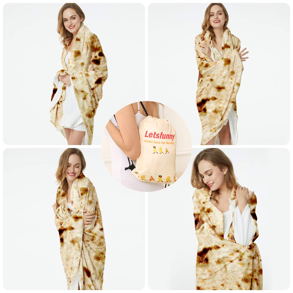 Burrito Tortilla Throw Blanket - 2-Sided Taco Wrap Blanket - Giant 47in Round Flannel Blanket for Kids, Babies & Pets - Funny Food-Themed Gift for Baby Showers, Birthdays & Cozy Home Decor