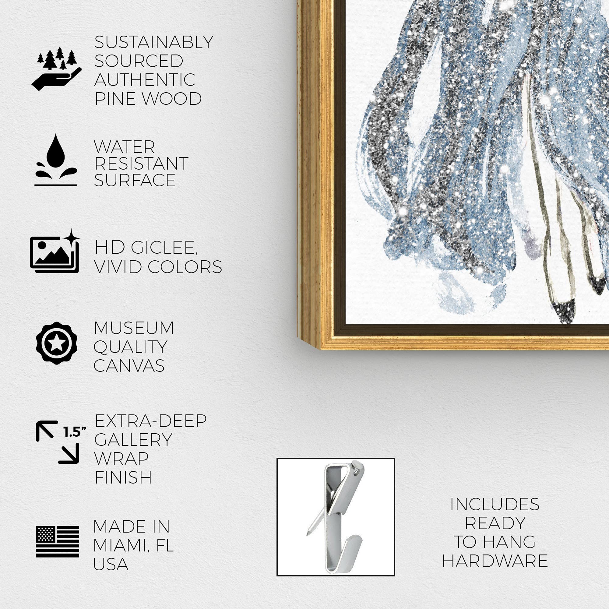 Oliver Gal Artist Co. Fashion Glam Wall Art - Blue Dress Spring Elegance Canvas Print 16x24 with Gold Frame - Perfect for Living Room, Bedroom & Office Décor