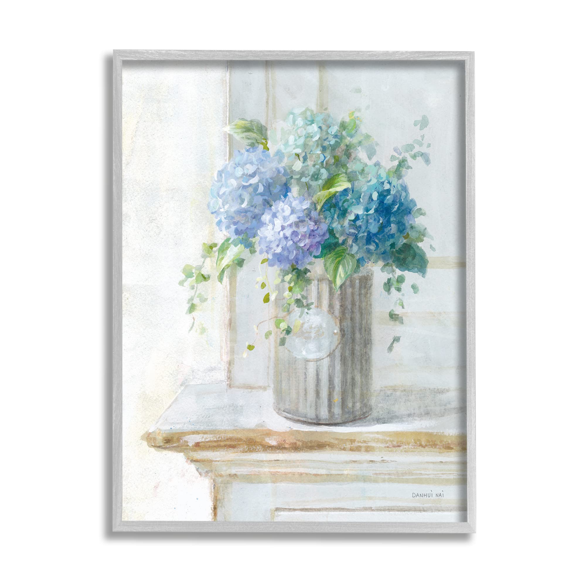 Stupell Industries Blue Hydrangea Bouquet Floral Painting in Grey Frame - Country Milk Tin Wall Art Decor 24