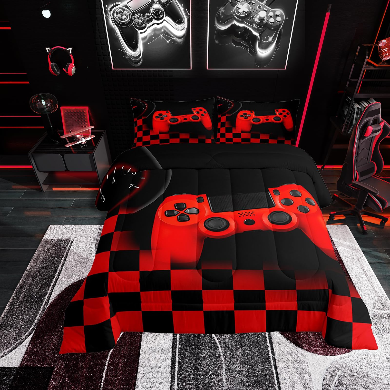 Gaming Comforter Set for Boys & Teens - Game Controller Design, All-Season Down Alternative Bedding, Buffalo Check Plaid Duvet Cover - Queen Size | Perfect for Gamer Bedroom Decor & Teen Boy's Room