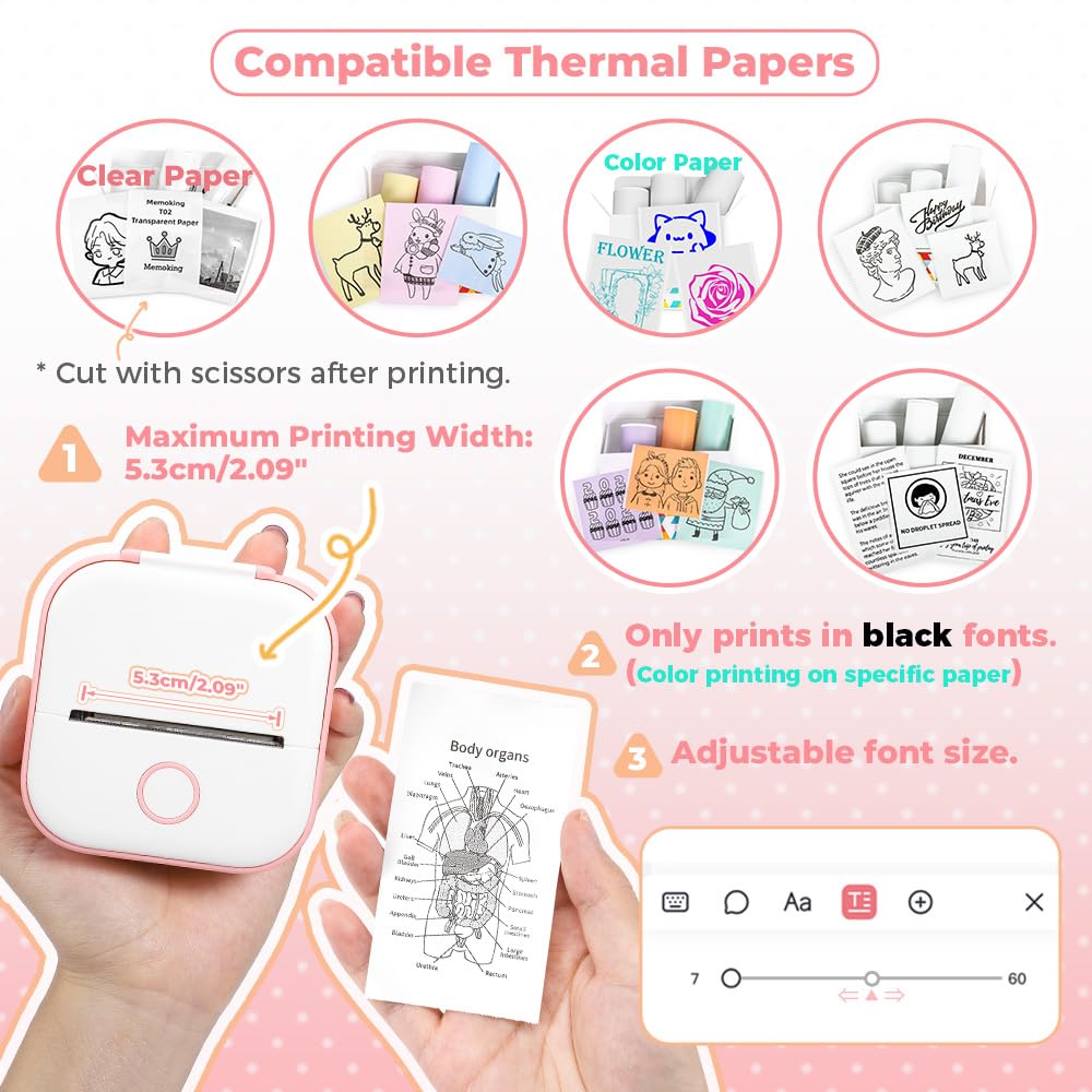 T02 Mini Instant Printer for Kids - Portable Thermal Sticker Maker, Wireless Phone Photo Printer for Study, Games & DIY Crafts - Create Flashcards, Labels & Fun Stickers (Pink) - Perfect for School Projects, Party Favors & Home Organization