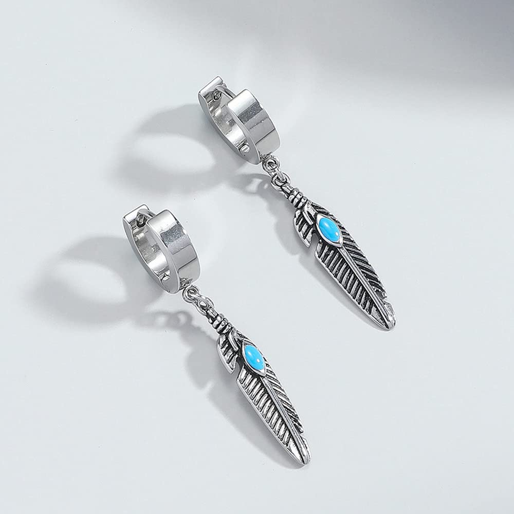 Turquoise Feather Dangle Earrings for Men & Women - Gothic Hoop Earrings, Kpop Punk Jewelry - Perfect for Parties, Concerts & Fashion Statements