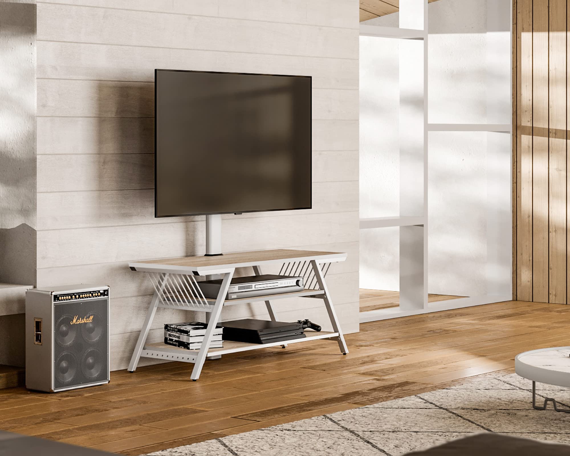 FITUEYES White TV Stand with Mount - 3 Tier TV Cabinet for 32-65 Inch TVs, Open Storage & Height Adjustable, Compatible with LCD/LED Flat/Curved Screens (Max VESA 600x400mm) - Perfect for Living Room, Bedroom & Home Theater Setup