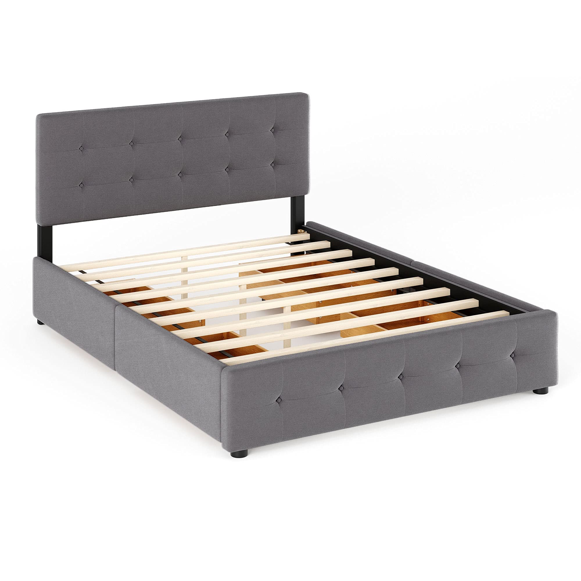 Queen Size Modern Upholstered Platform Bed with 4 Large Drawers - Button Tufted Headboard, Wooden Slat Support & Center Legs - No Box Spring Required (Light Gray) - Perfect for Master Bedrooms, Guest Rooms & Small Spaces