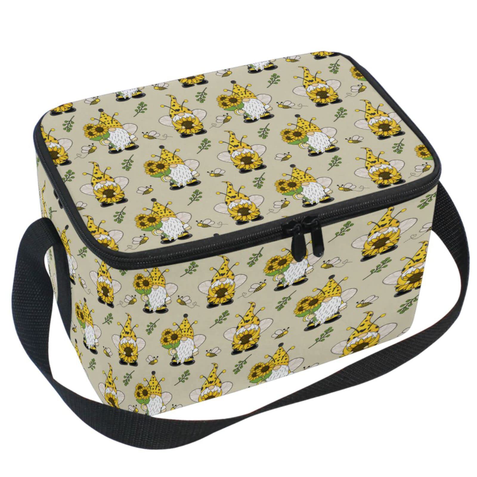 Insulated Lunch Bag Cooler with Gnome Sunflower Bee Design - Reusable Lunch Box for School, Office, Travel & Picnic - Perfect for Women, Men & Kids - Keep Food Fresh for Hours