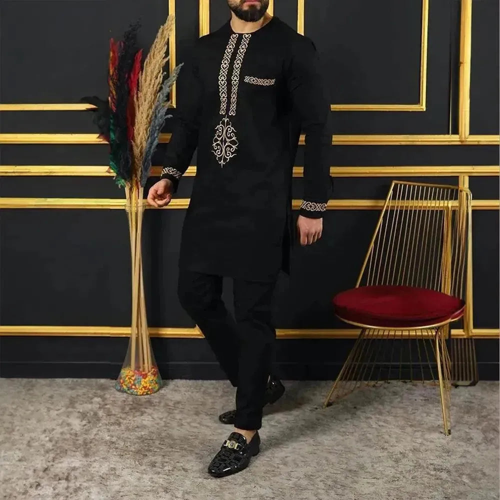 Classic Embroidered Relaxed African Outfit Set for Women - Comfortable Cotton Kaftan Dress with Pants - Perfect for Cultural Events, Weddings & Casual Wear
