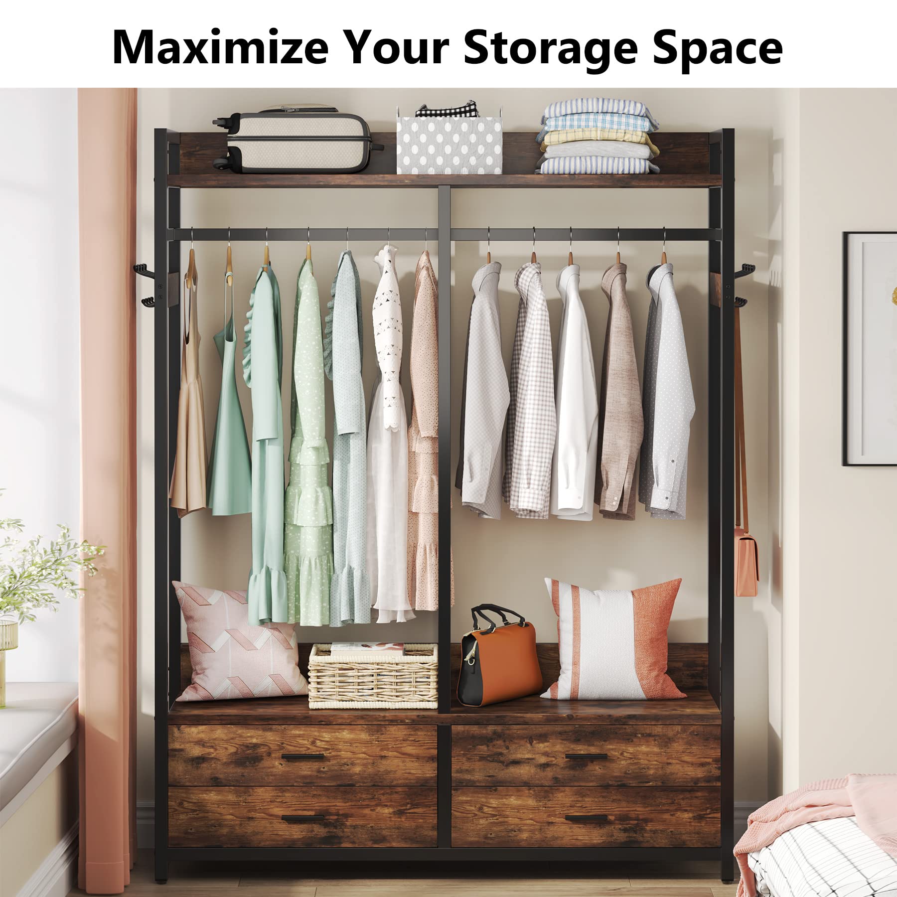 Tribesigns Heavy Duty Freestanding Closet Organizer - Garment Rack with 4 Drawers, 8 Hooks & Storage Shelves - Rustic Brown Wardrobe for Hanging Clothes - Perfect for Bedroom, Living Room & Walk-in Closet Organization